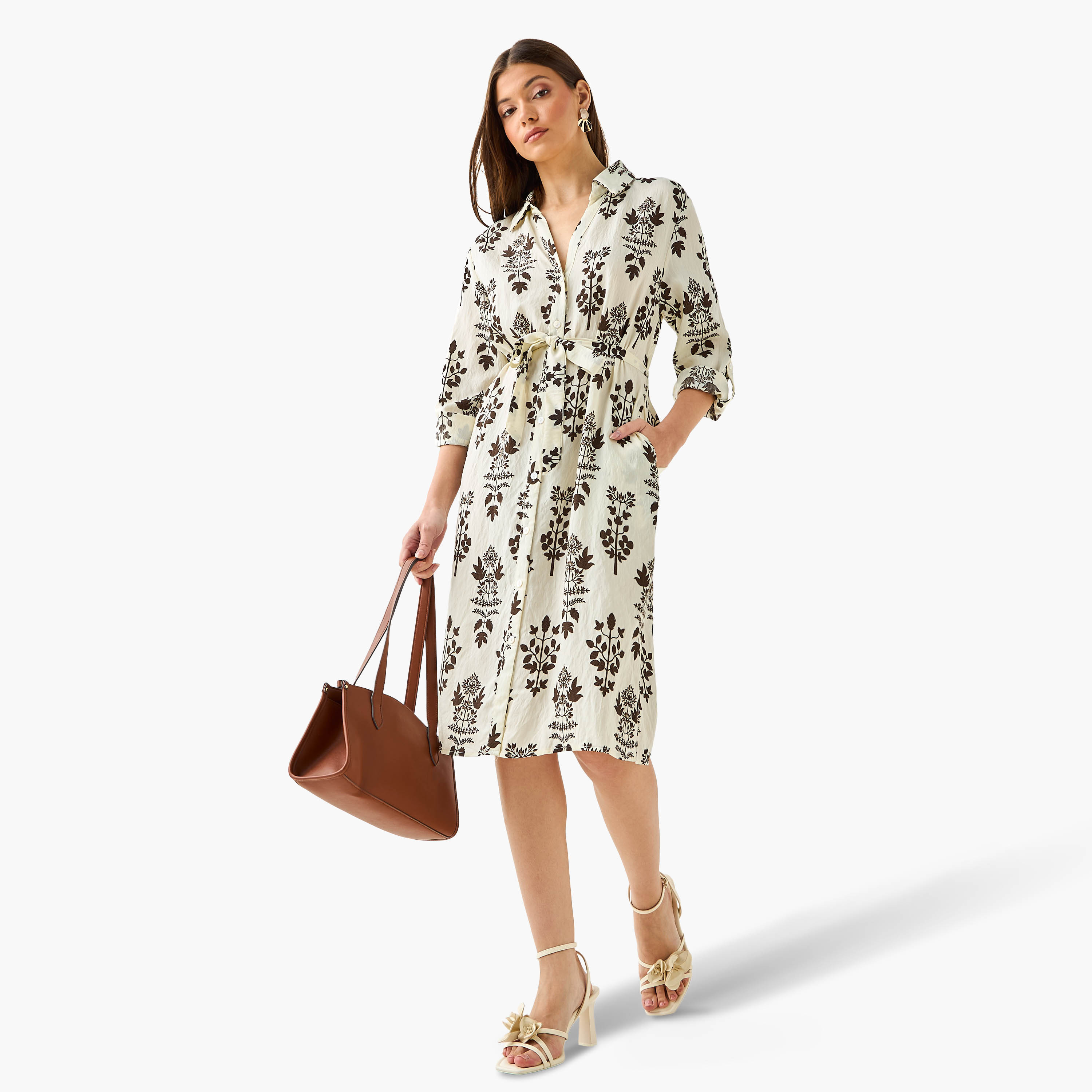 Knee Length Shirt Belted Dress with Floral Print-women-clothing-dresses-image-2