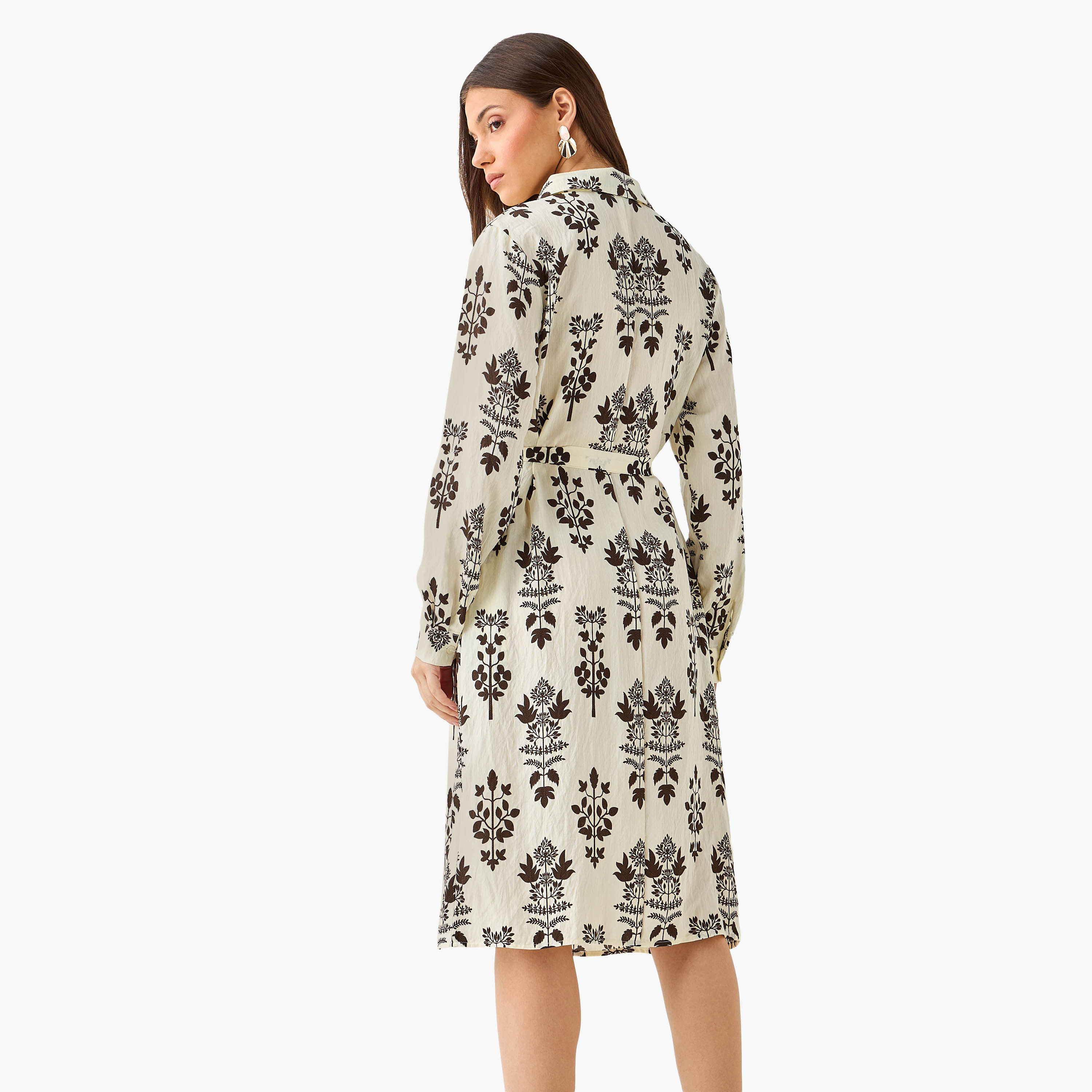 Knee Length Shirt Belted Dress with Floral Print-women-clothing-dresses-image-3