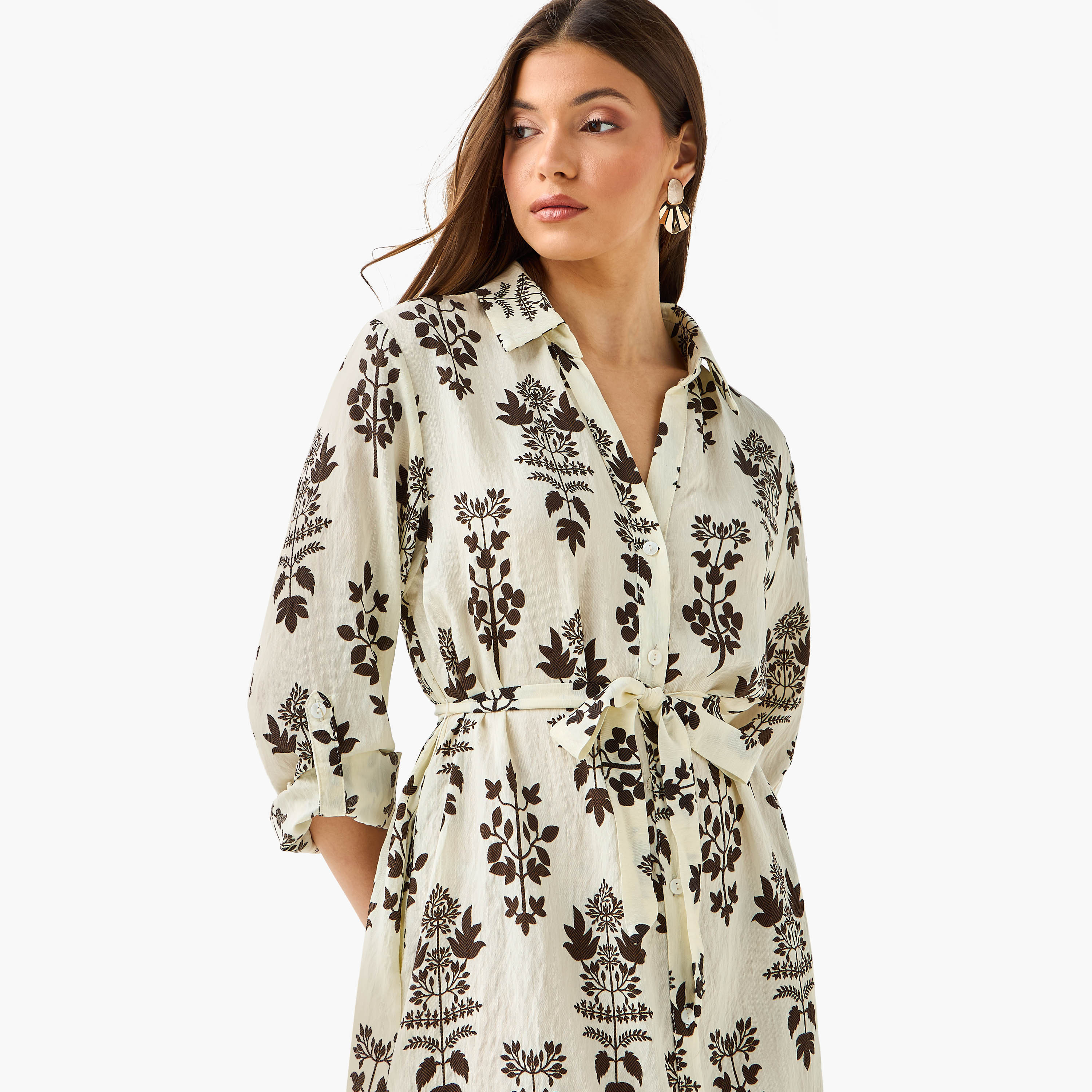 Knee Length Shirt Belted Dress with Floral Print-women-clothing-dresses-image-5