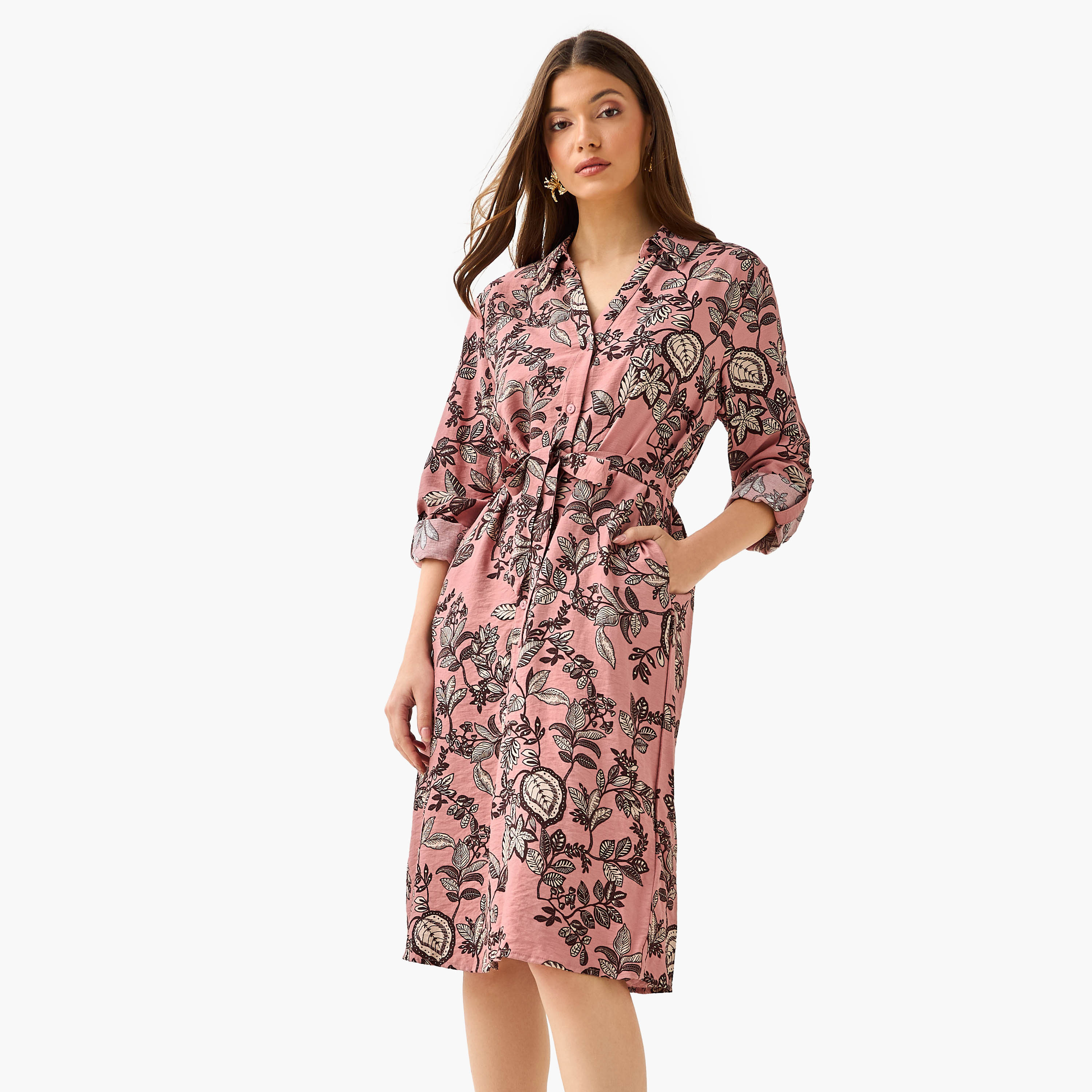 Knee Length Shirt Belted Dress with Floral Print-women-clothing-dresses-image-1
