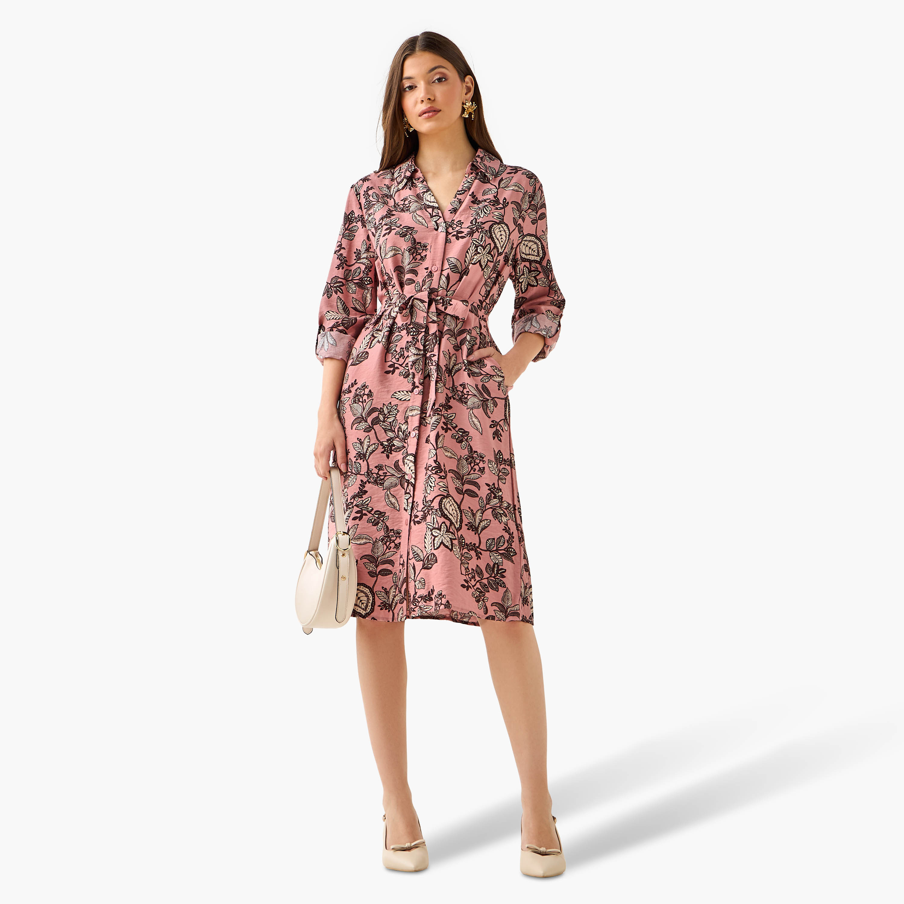Knee Length Shirt Belted Dress with Floral Print-women-clothing-dresses-image-2