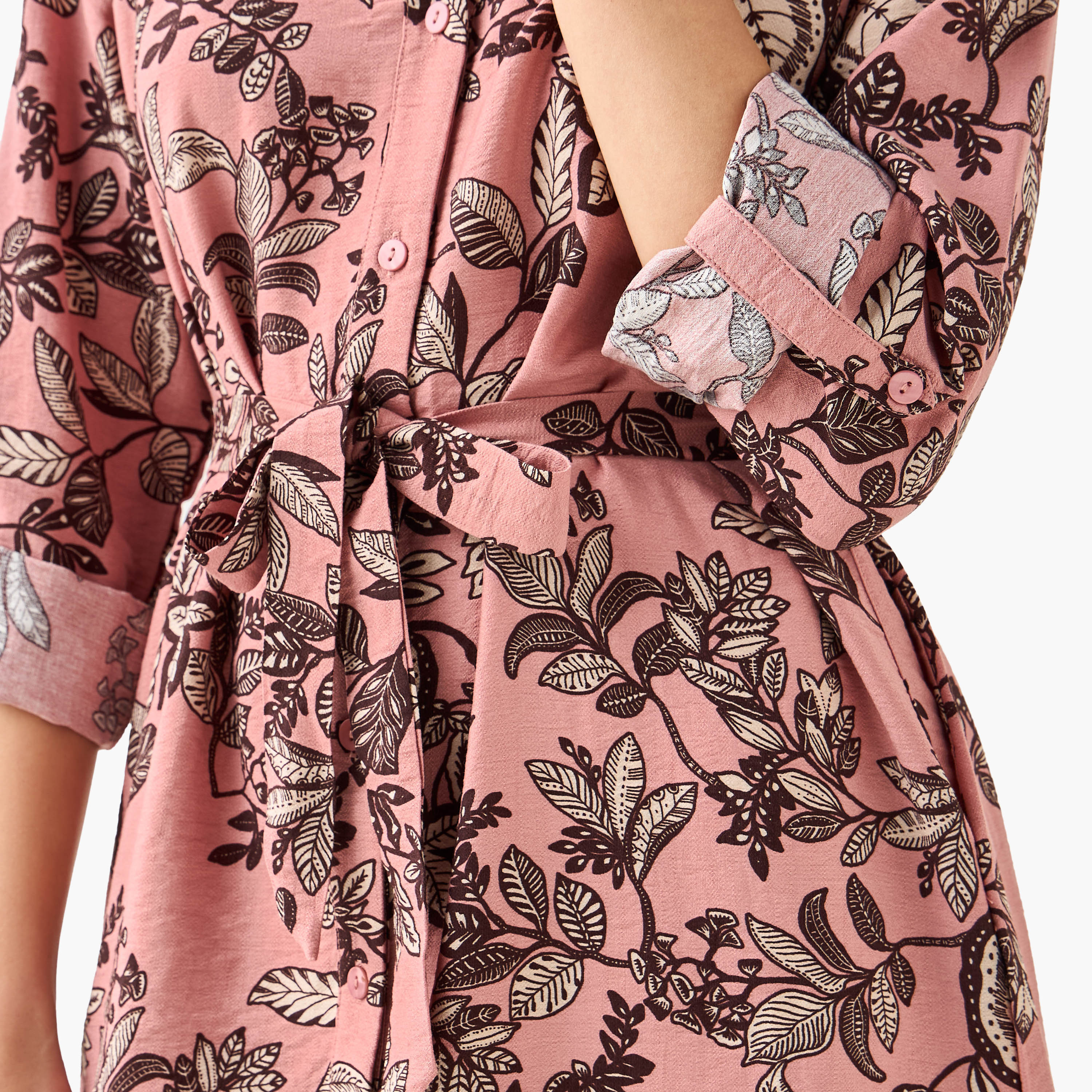 Knee Length Shirt Belted Dress with Floral Print-women-clothing-dresses-image-4