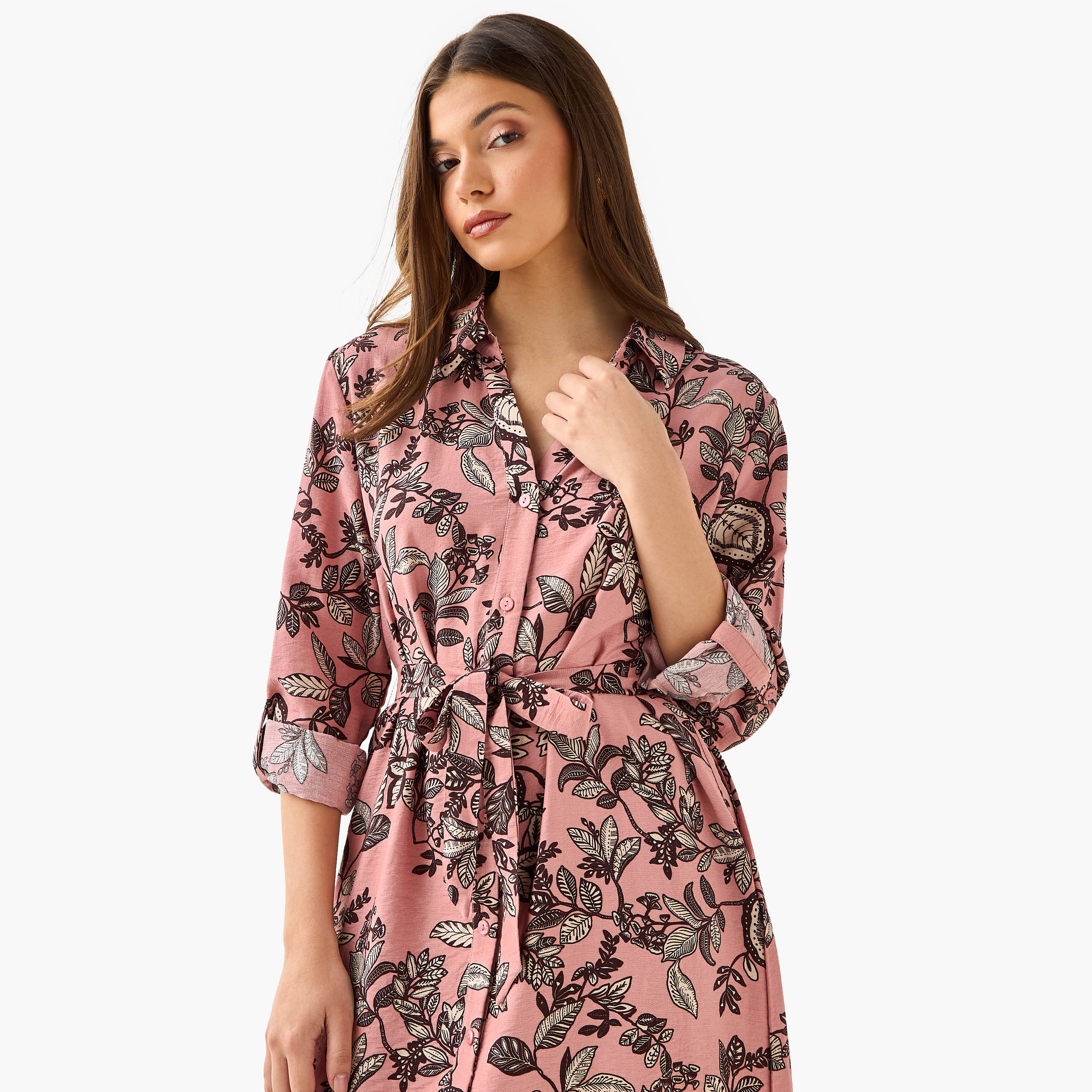 Knee Length Shirt Belted Dress with Floral Print-women-clothing-dresses-image-5