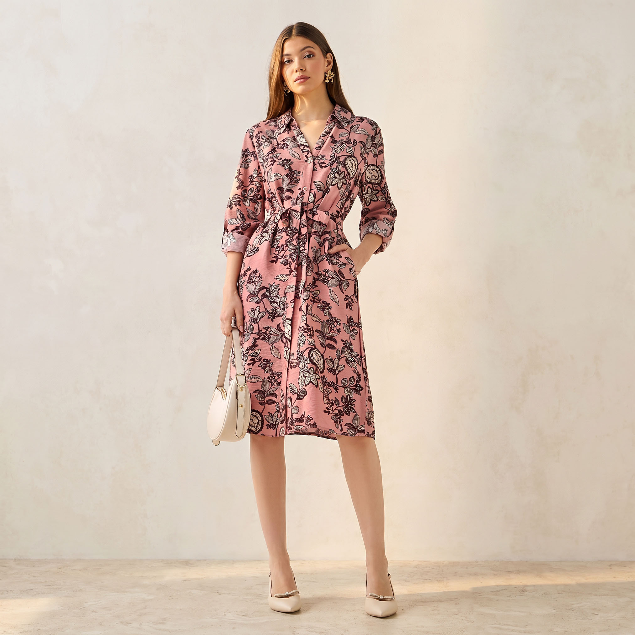 Knee Length Shirt Belted Printed Dress-women-clothing-dresses-image-1