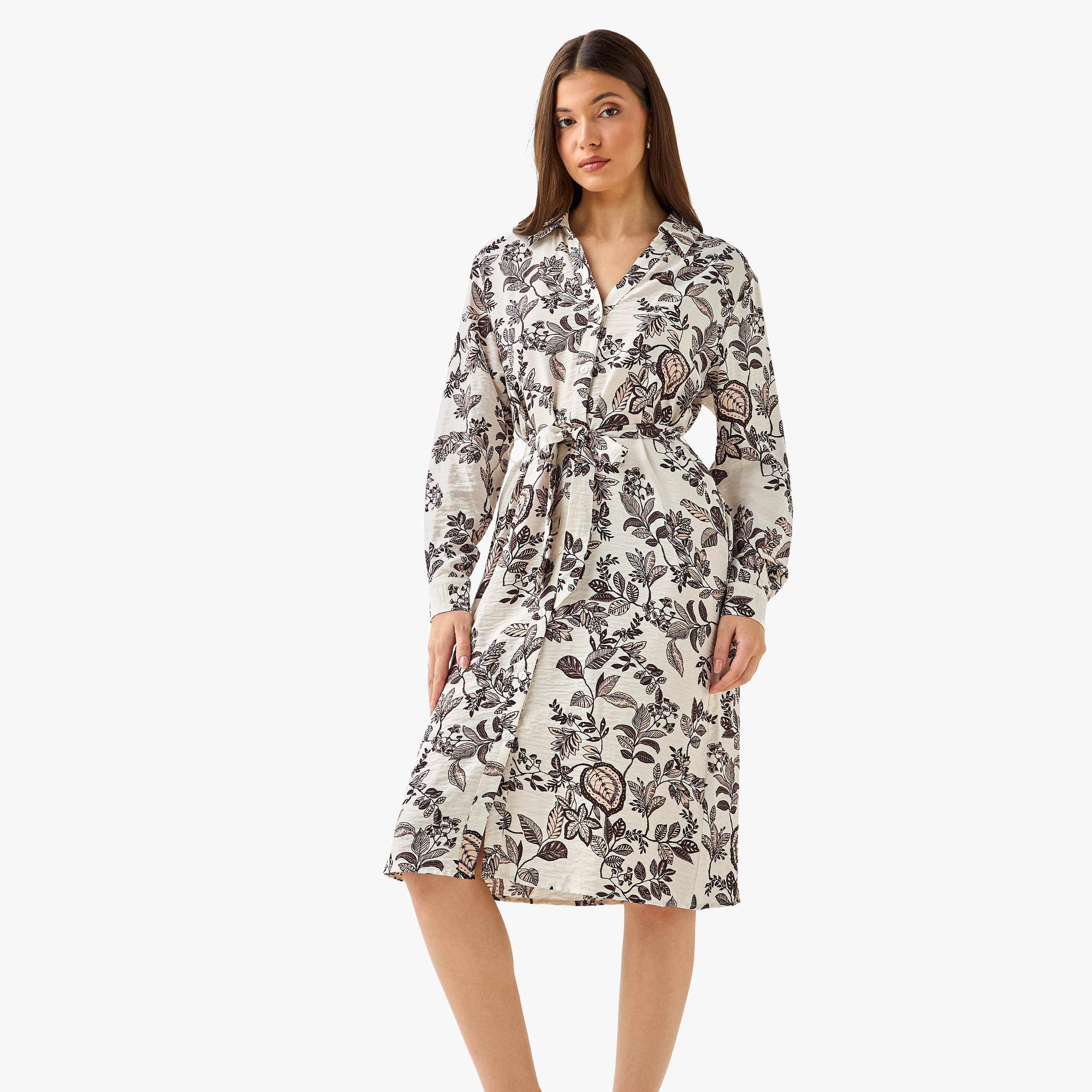 Knee Length Shirt Belted Dress with Floral Print-women-clothing-dresses-image-1