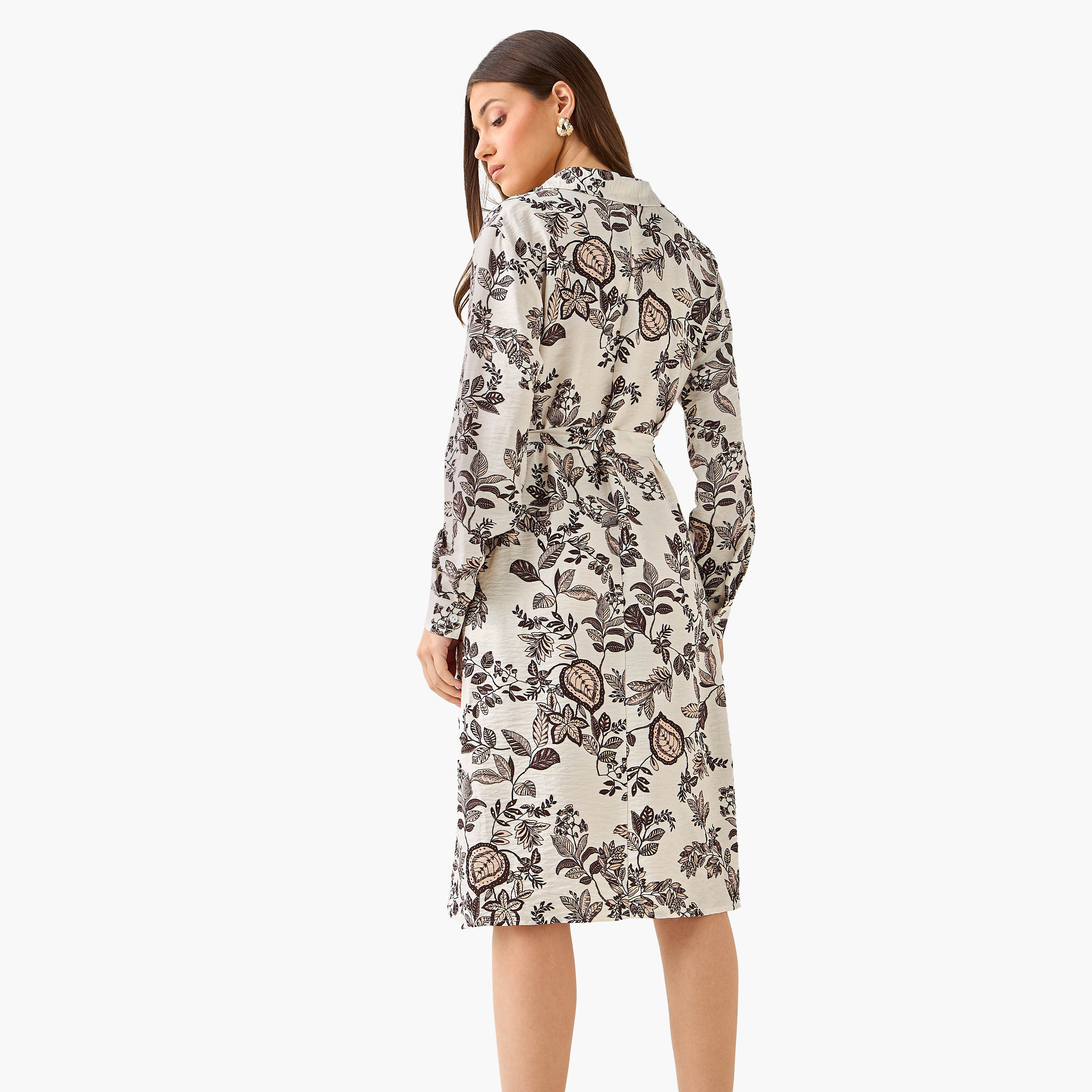 Knee Length Shirt Belted Dress with Floral Print-women-clothing-dresses-image-3