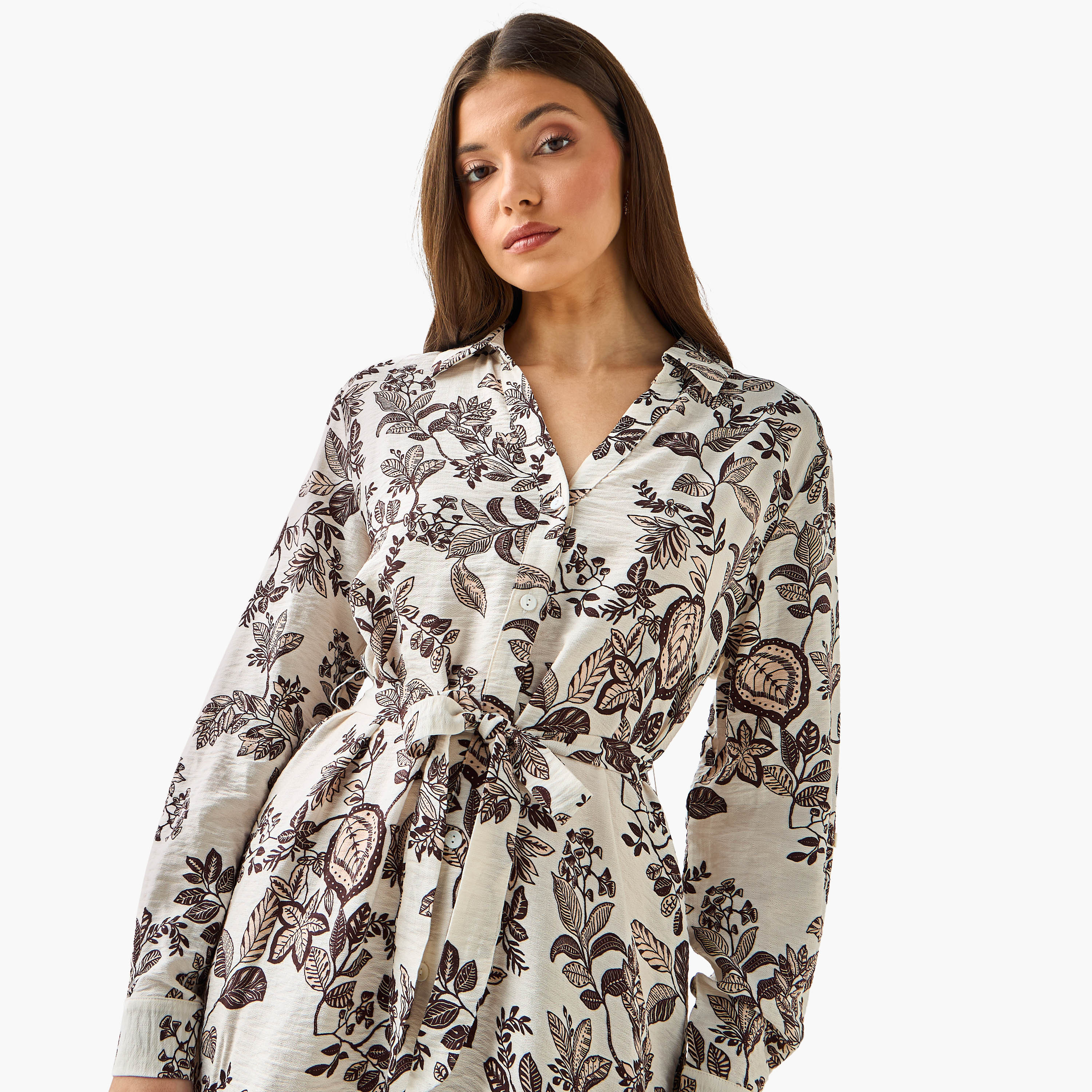 Knee Length Shirt Belted Dress with Floral Print-women-clothing-dresses-image-5