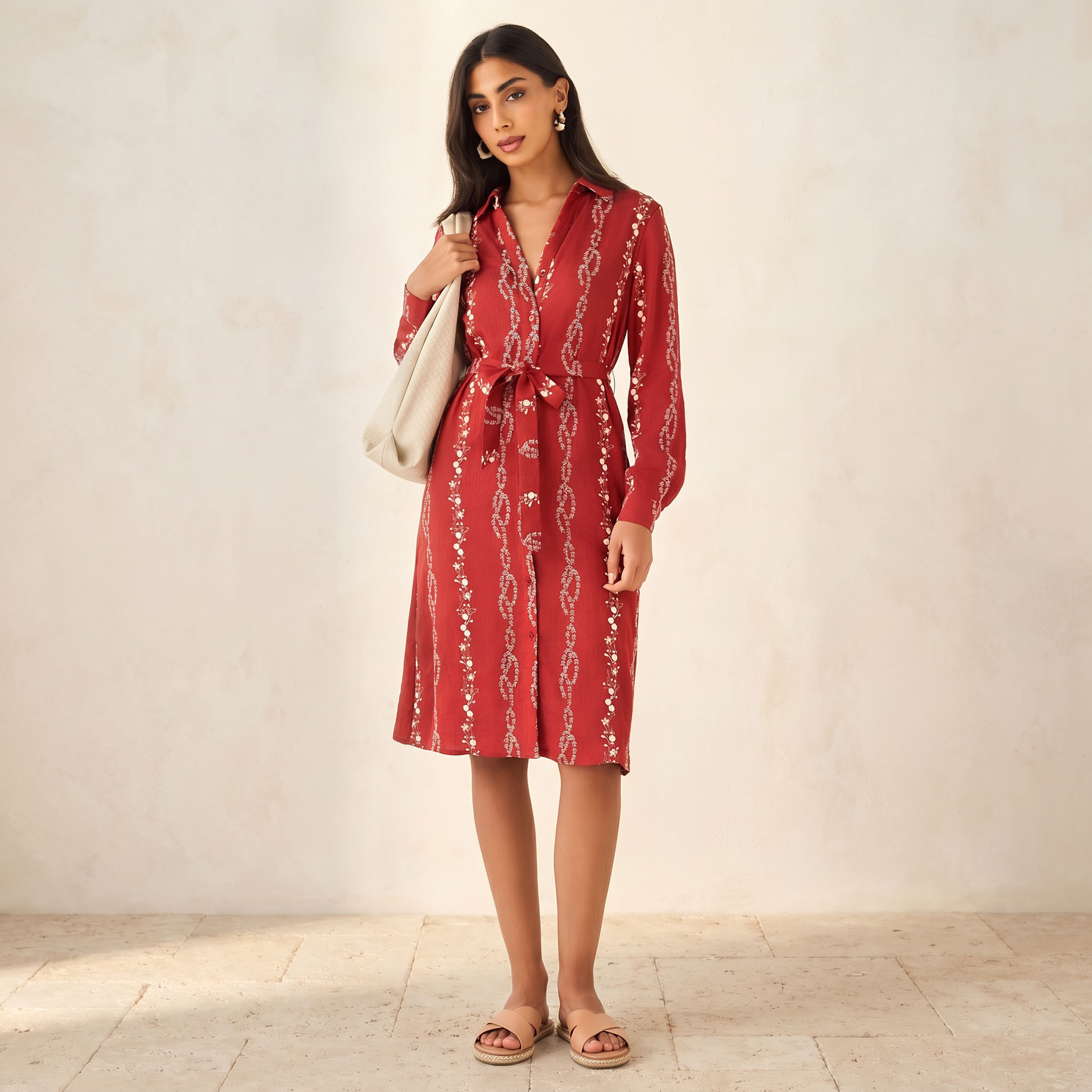 Knee Length Shirt Belted Dress with Floral Embroidery-women-clothing-dresses-image-1