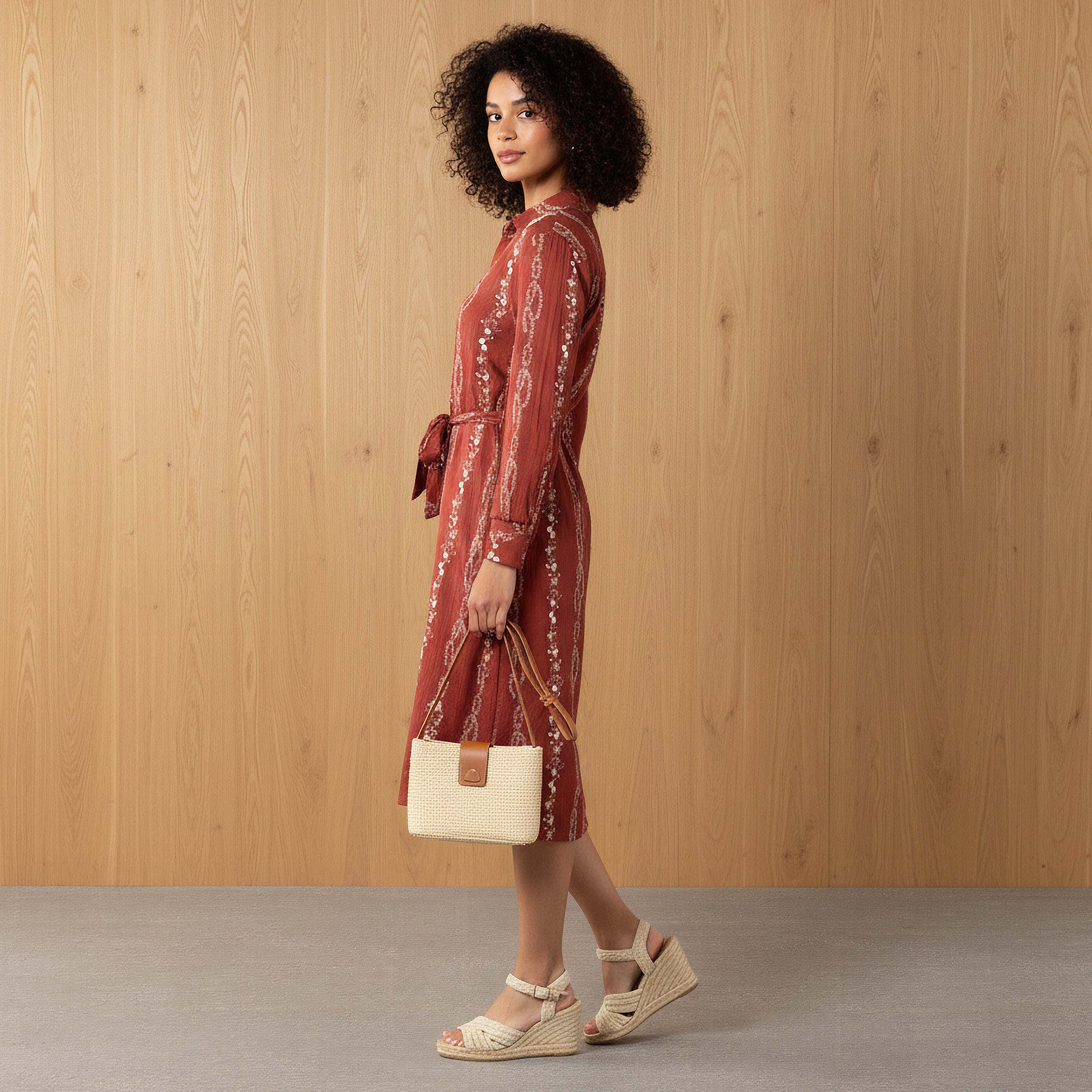 Knee Length Shirt Belted Dress with Floral Embroidery-women-clothing-dresses-image-2