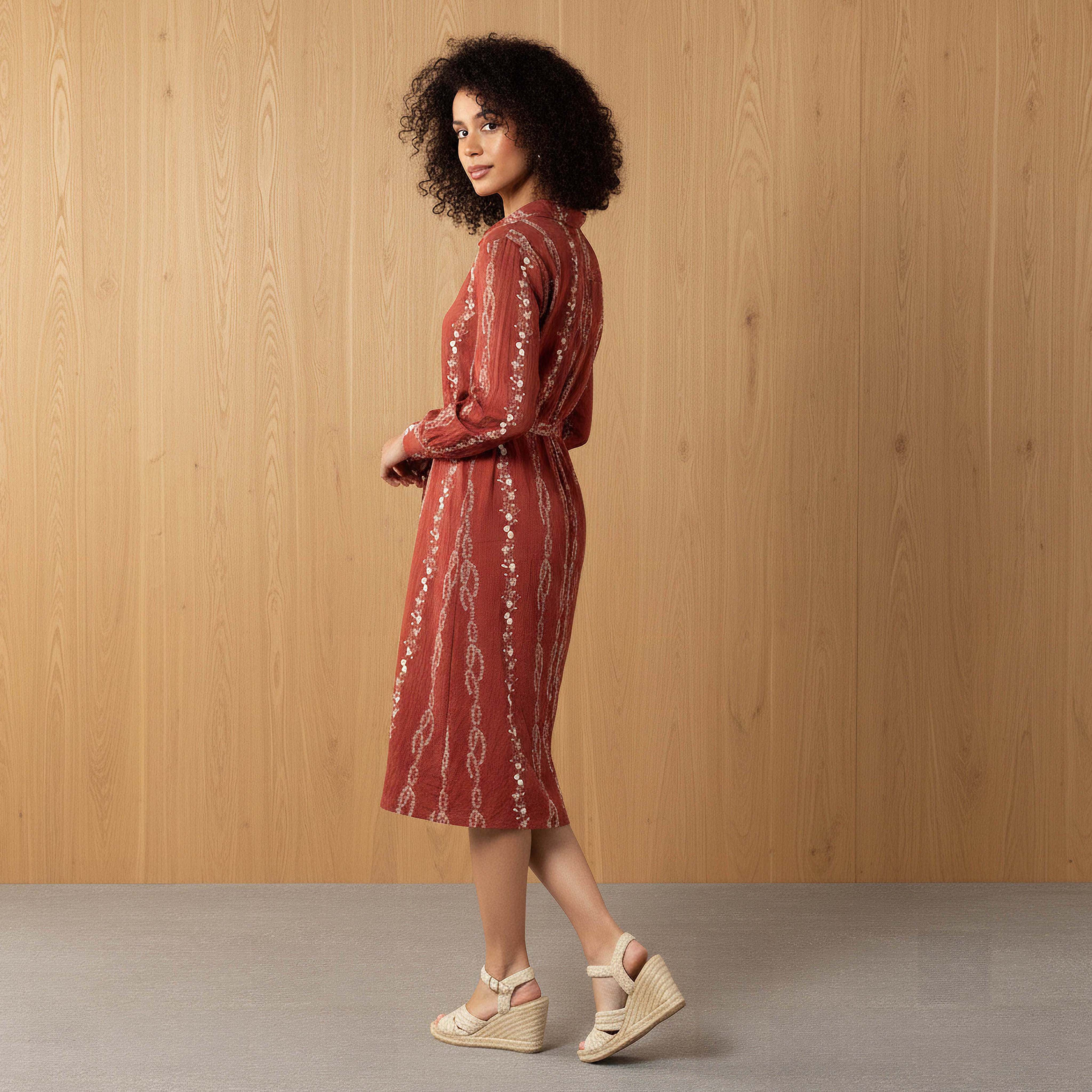 Knee Length Shirt Belted Dress with Floral Embroidery-women-clothing-dresses-image-3