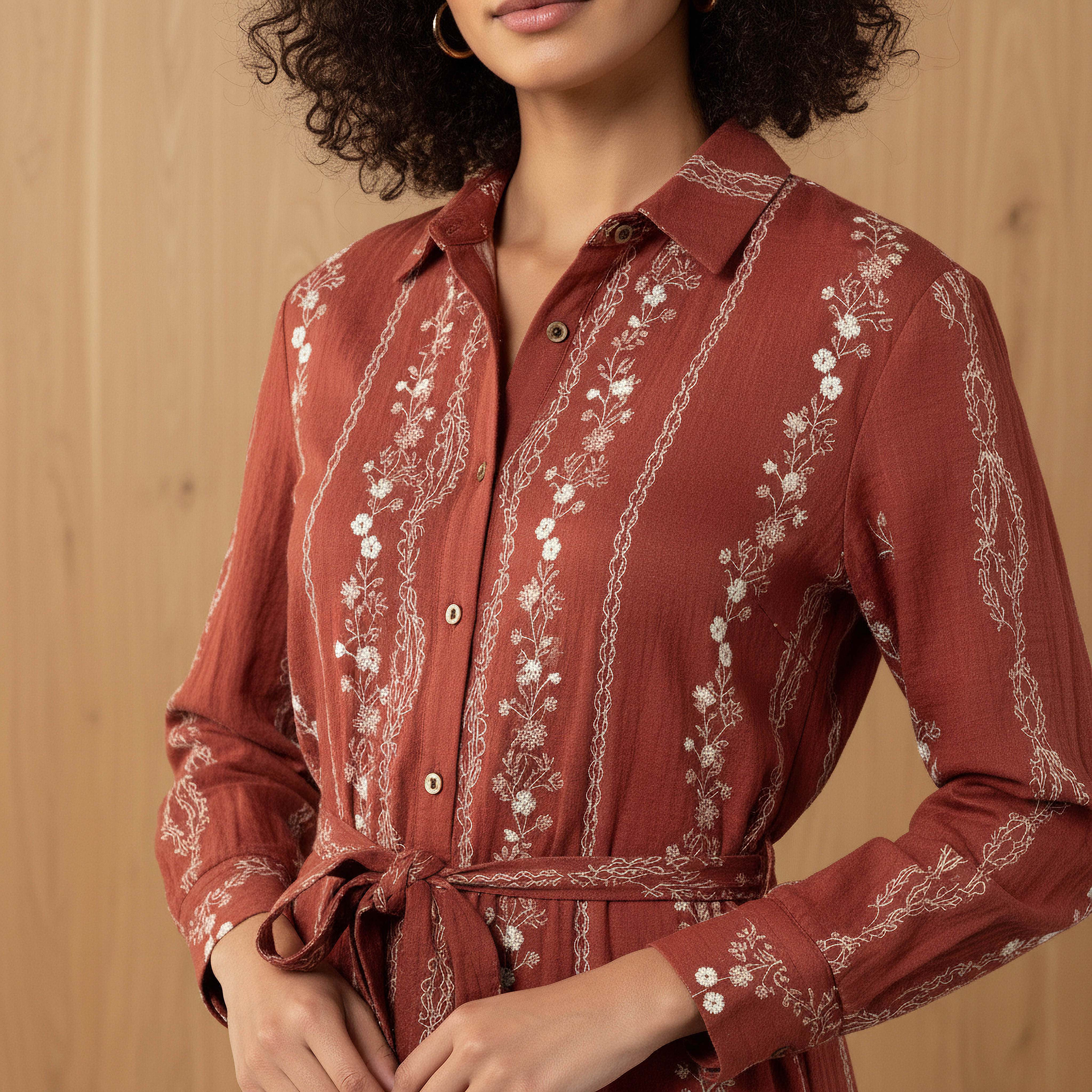 Knee Length Shirt Belted Dress with Floral Embroidery-women-clothing-dresses-image-4