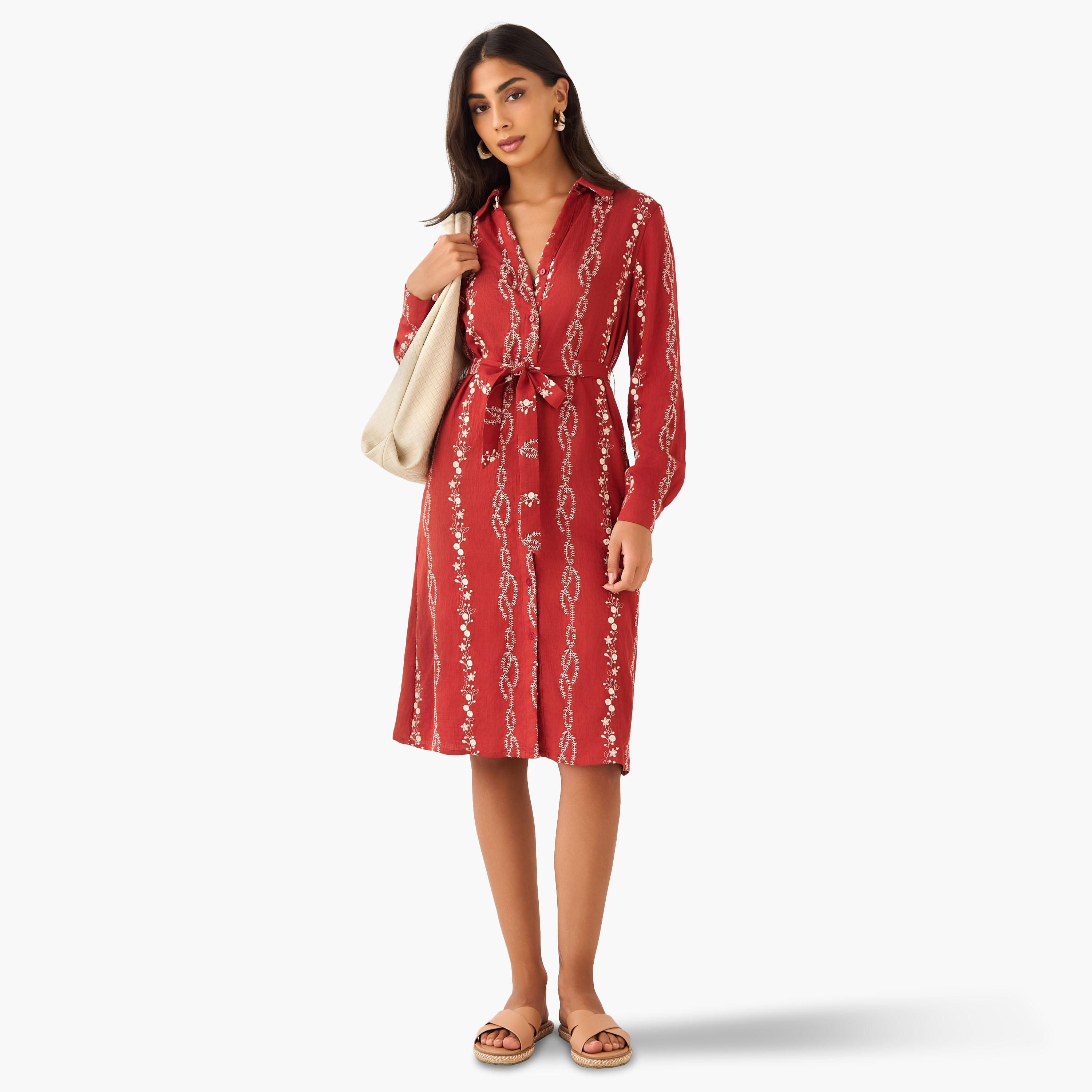 فستان قميص طول الركبة بحزام وتطريزات زهرية-women-clothing-dresses-image-2