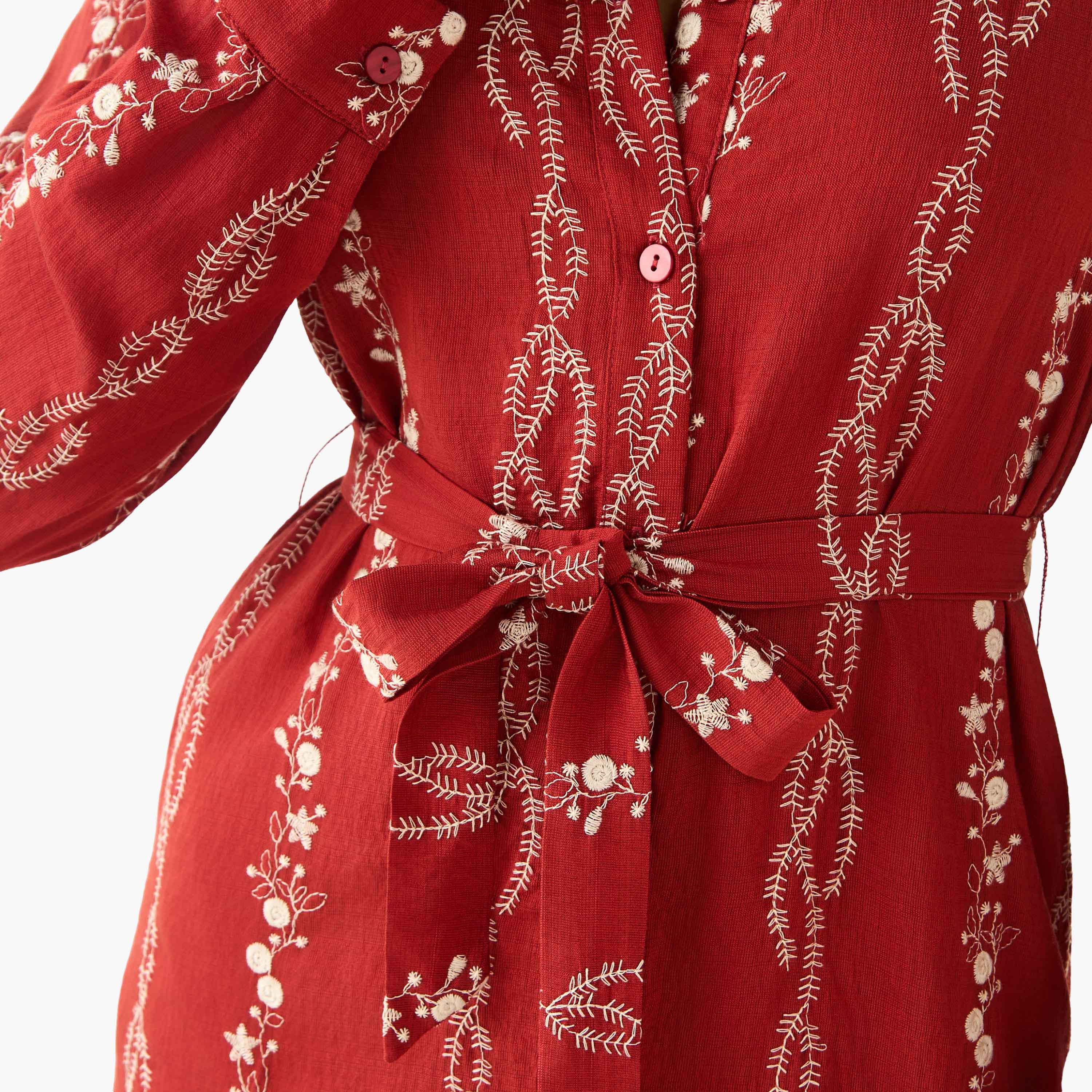 فستان قميص طول الركبة بحزام وتطريزات زهرية-women-clothing-dresses-image-4