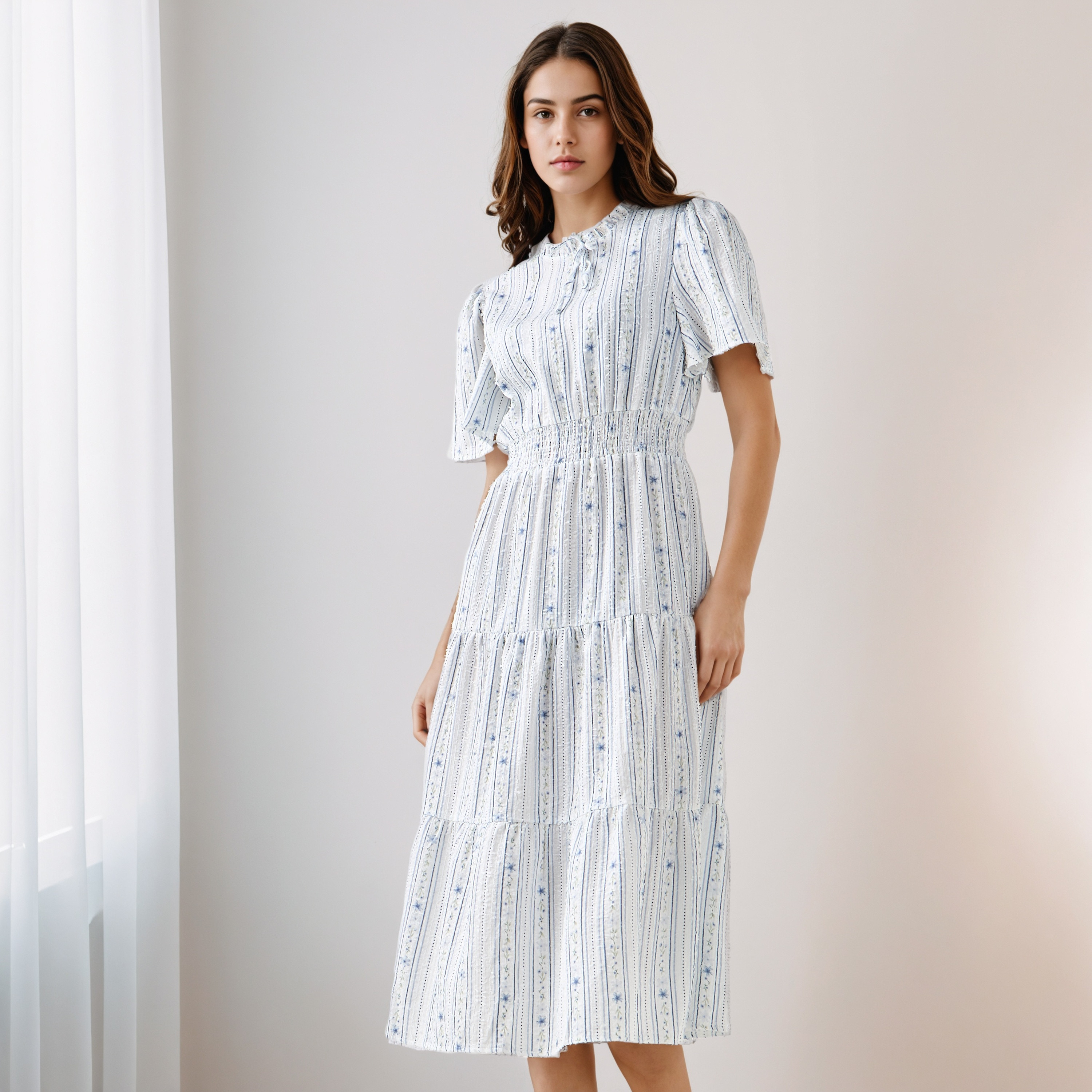 Tiered Midi Textured Viscose Dress with Flutter Sleeves-women-clothing-dresses-image-2