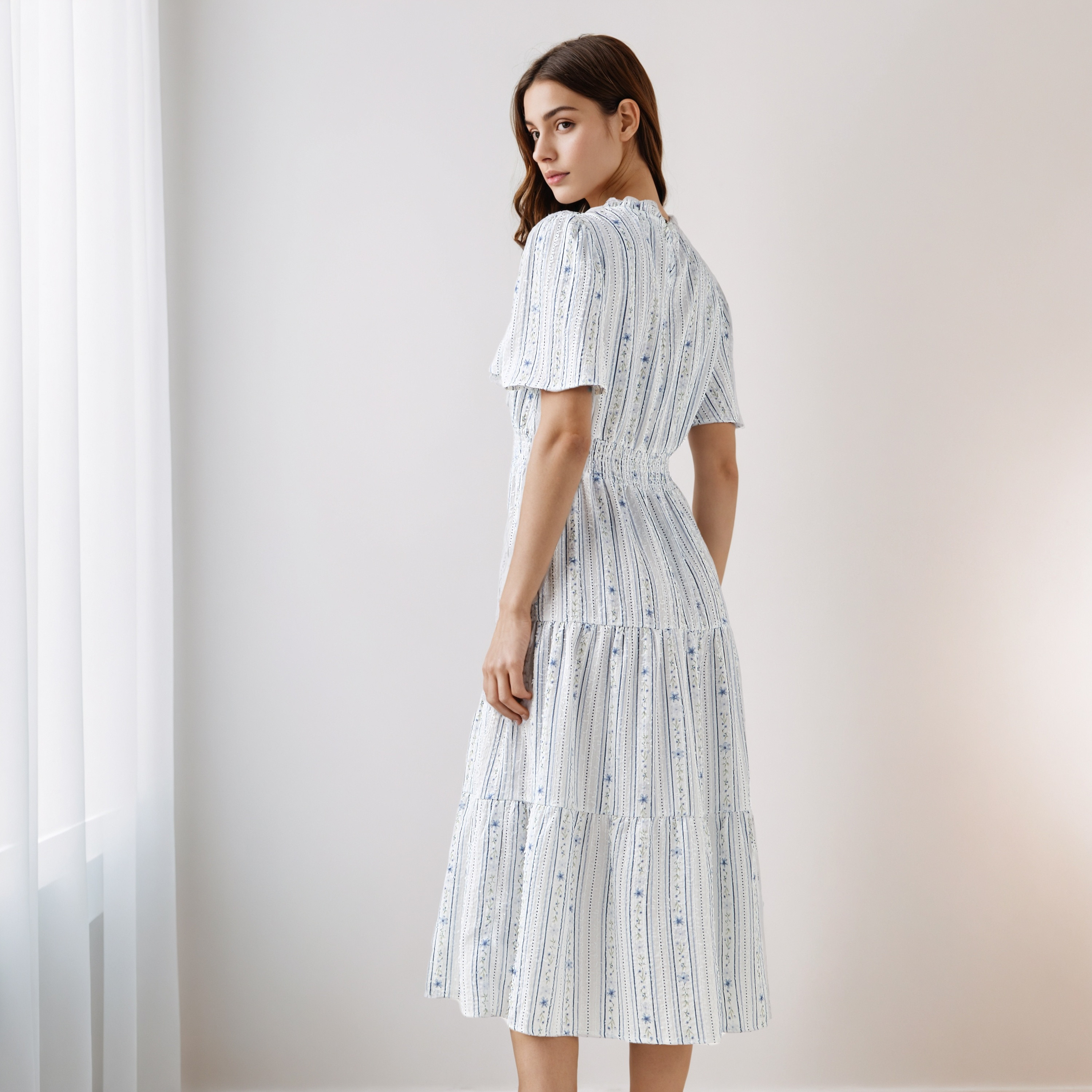 Tiered Midi Textured Viscose Dress with Flutter Sleeves-women-clothing-dresses-image-3