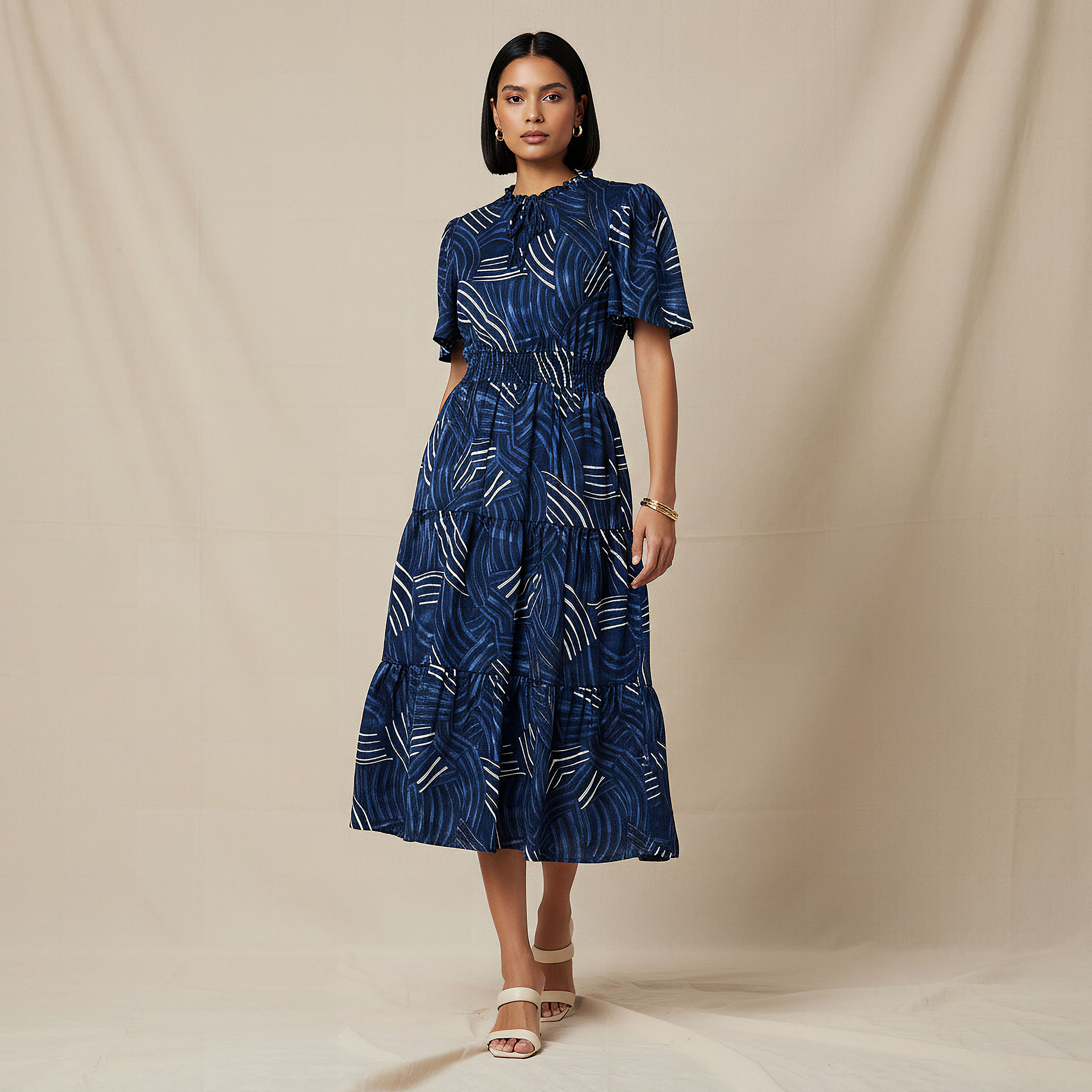 Tiered Midi Viscose Dress with Flutter Sleeves-women-clothing-dresses-image-1