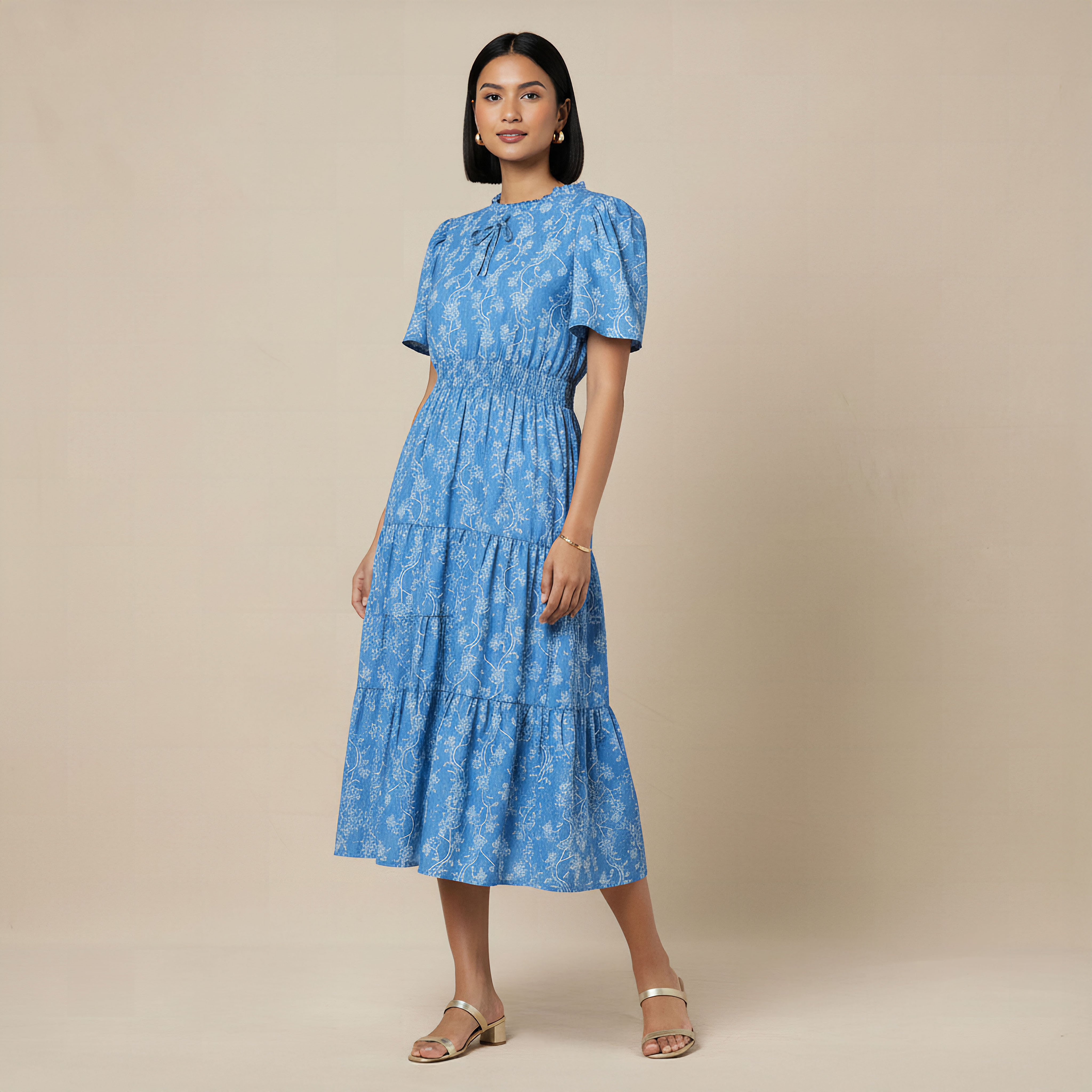 Tiered Midi Denim Dress with Flutter Sleeves-women-clothing-dresses-image-6