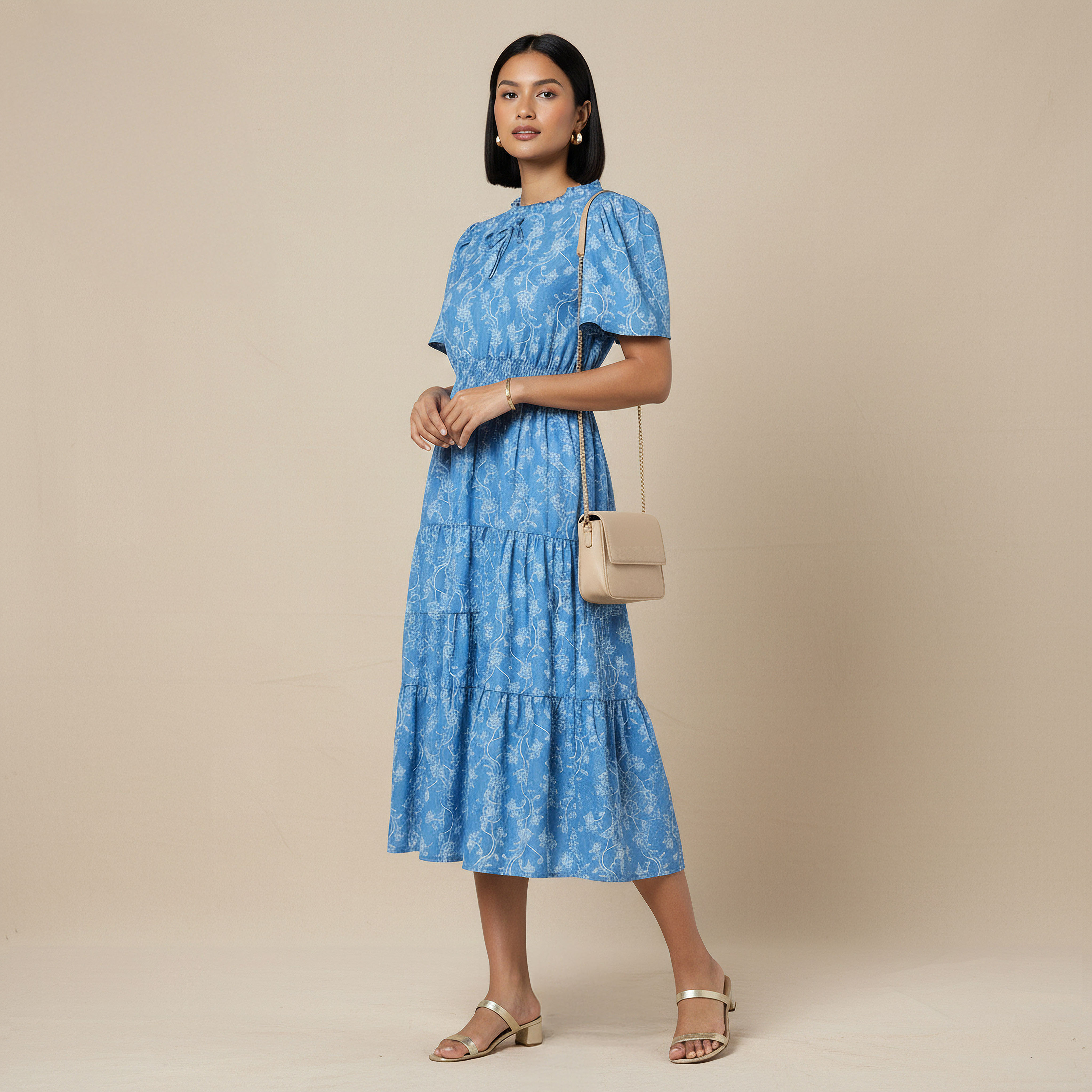 Tiered Midi Denim Dress with Flutter Sleeves-women-clothing-dresses-image-7