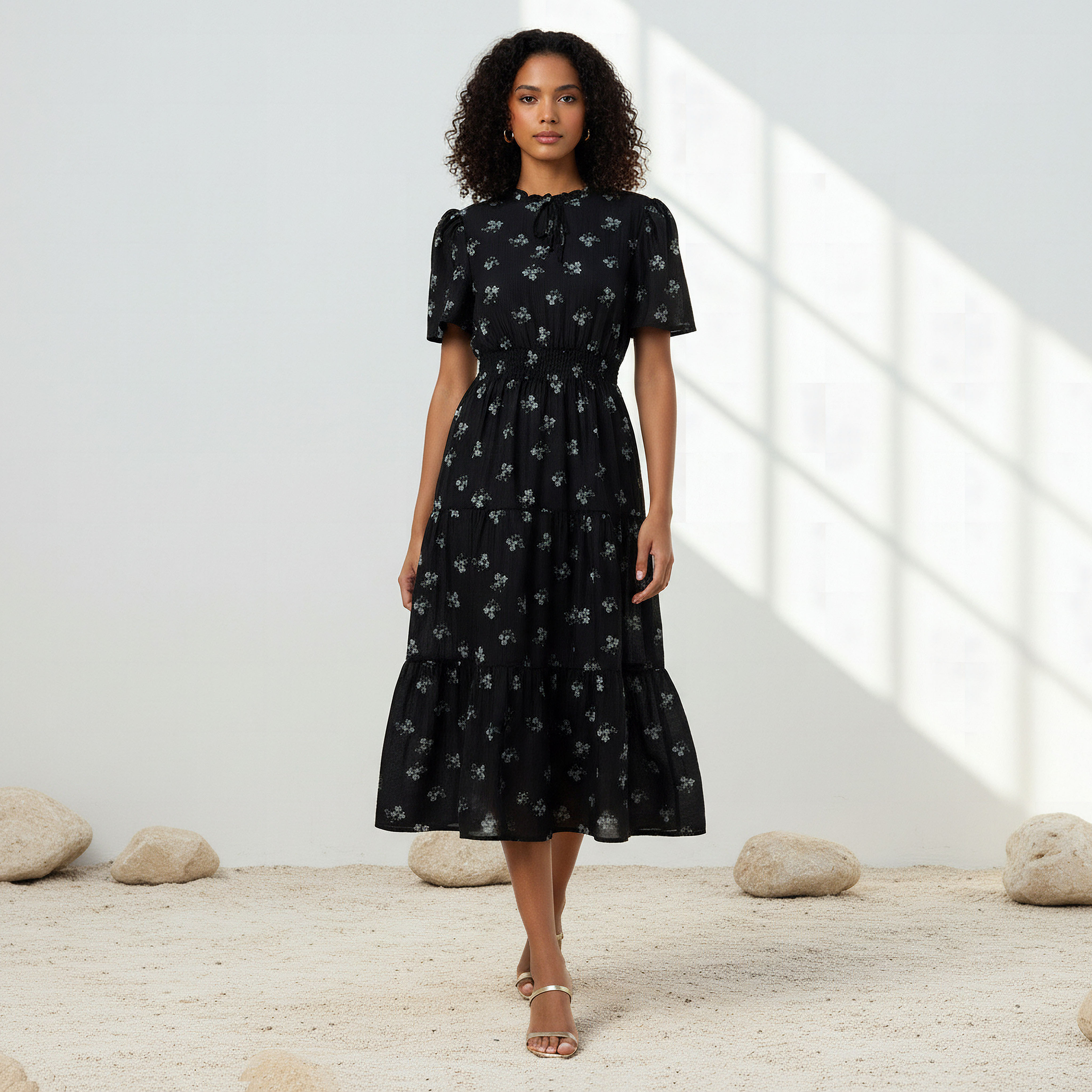 Tiered Midi Viscose Dress with Flutter Sleeves-women-clothing-dresses-image-1