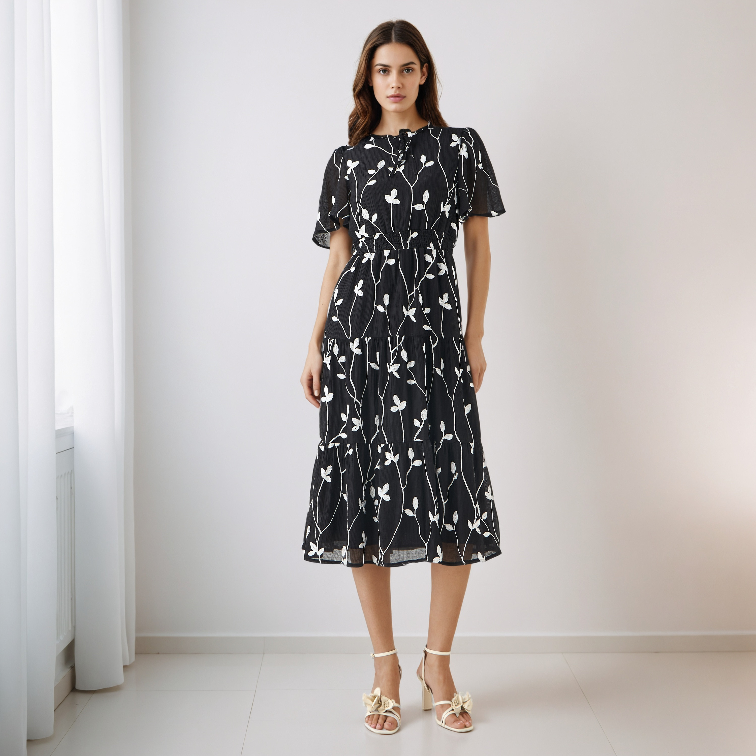 Embroidered Tiered Midi Viscose Dress with Flutter Sleeves-women-clothing-dresses-image-2