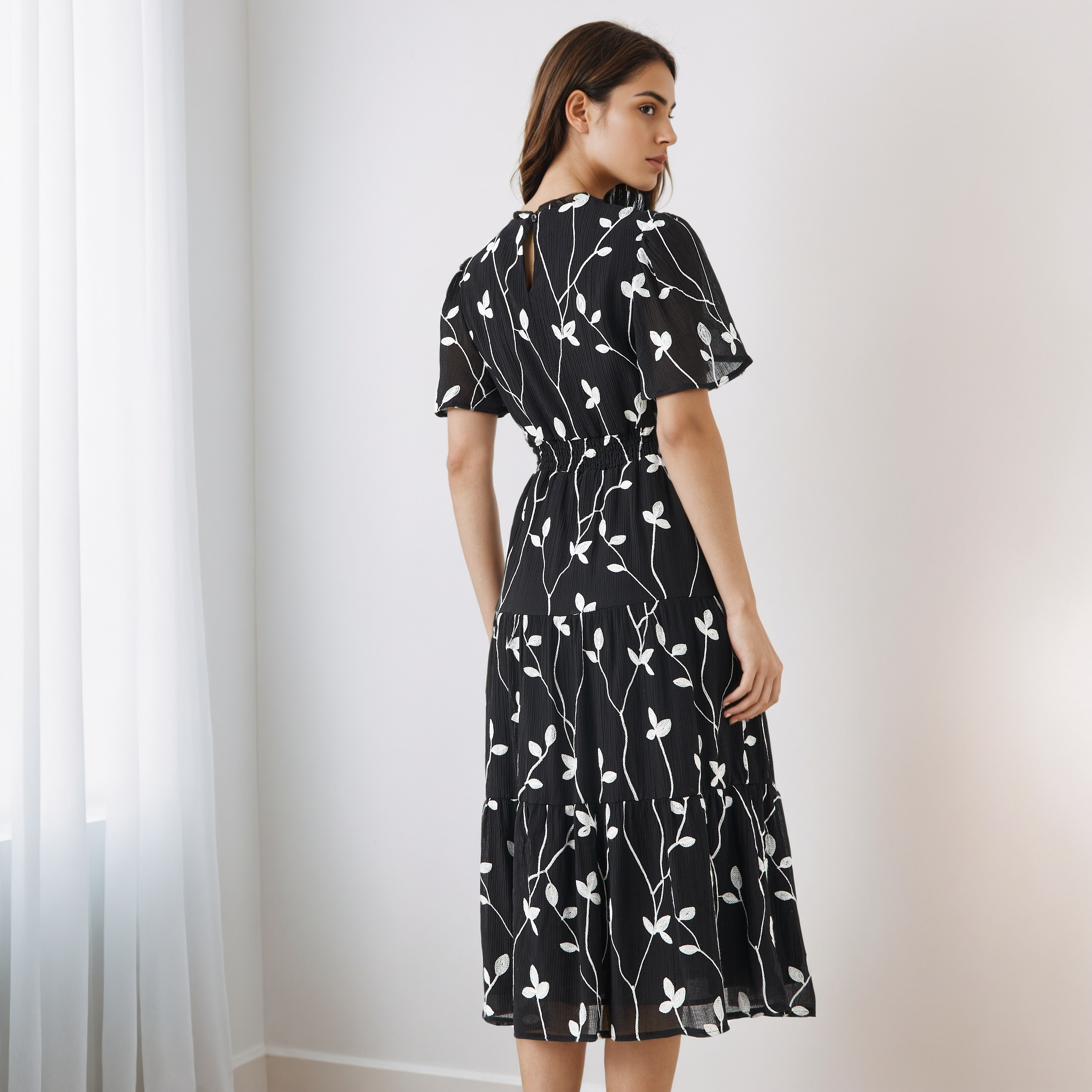 Embroidered Tiered Midi Viscose Dress with Flutter Sleeves-women-clothing-dresses-image-3