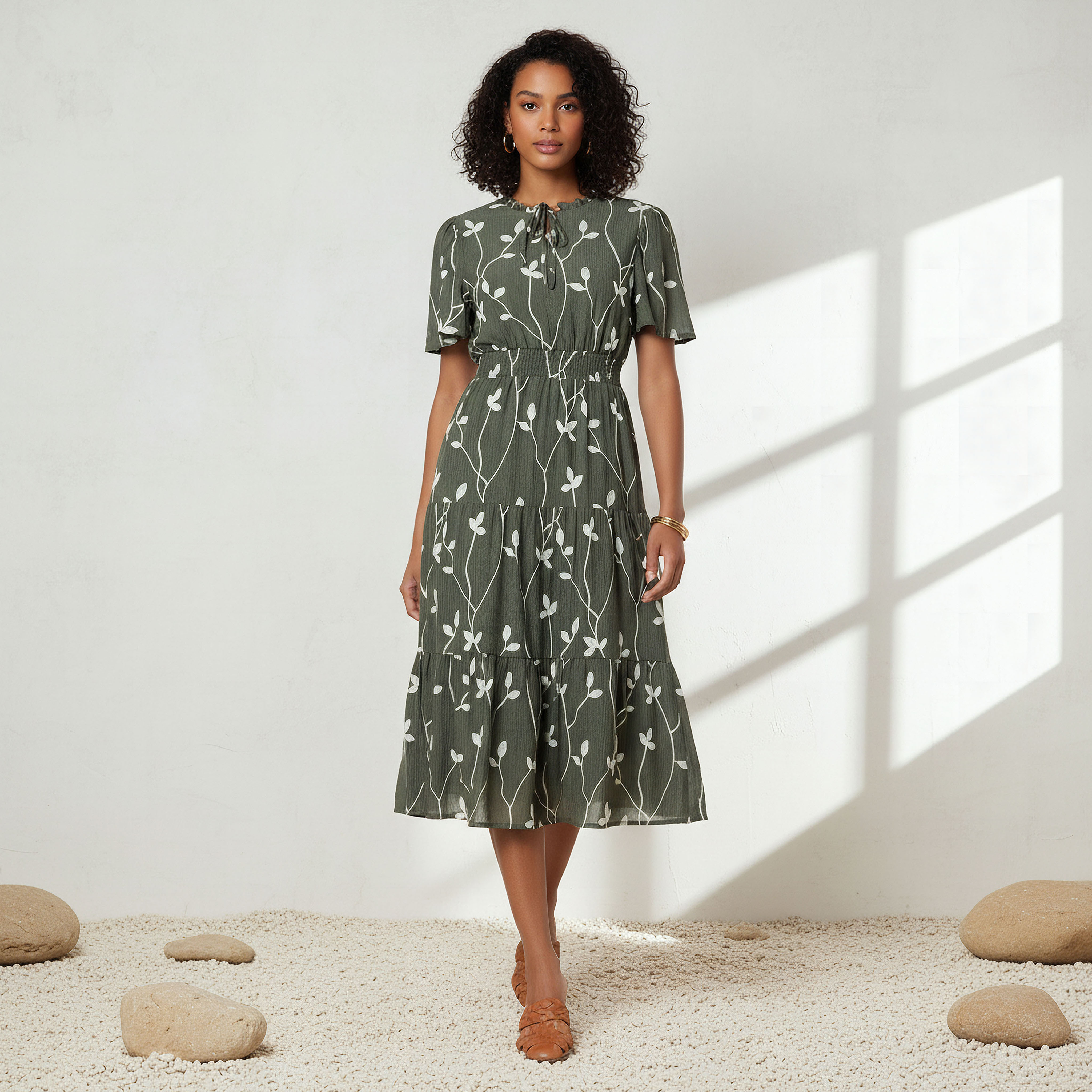 Embroidered Tiered Midi Viscose Dress with Flutter Sleeves-women-clothing-dresses-image-1