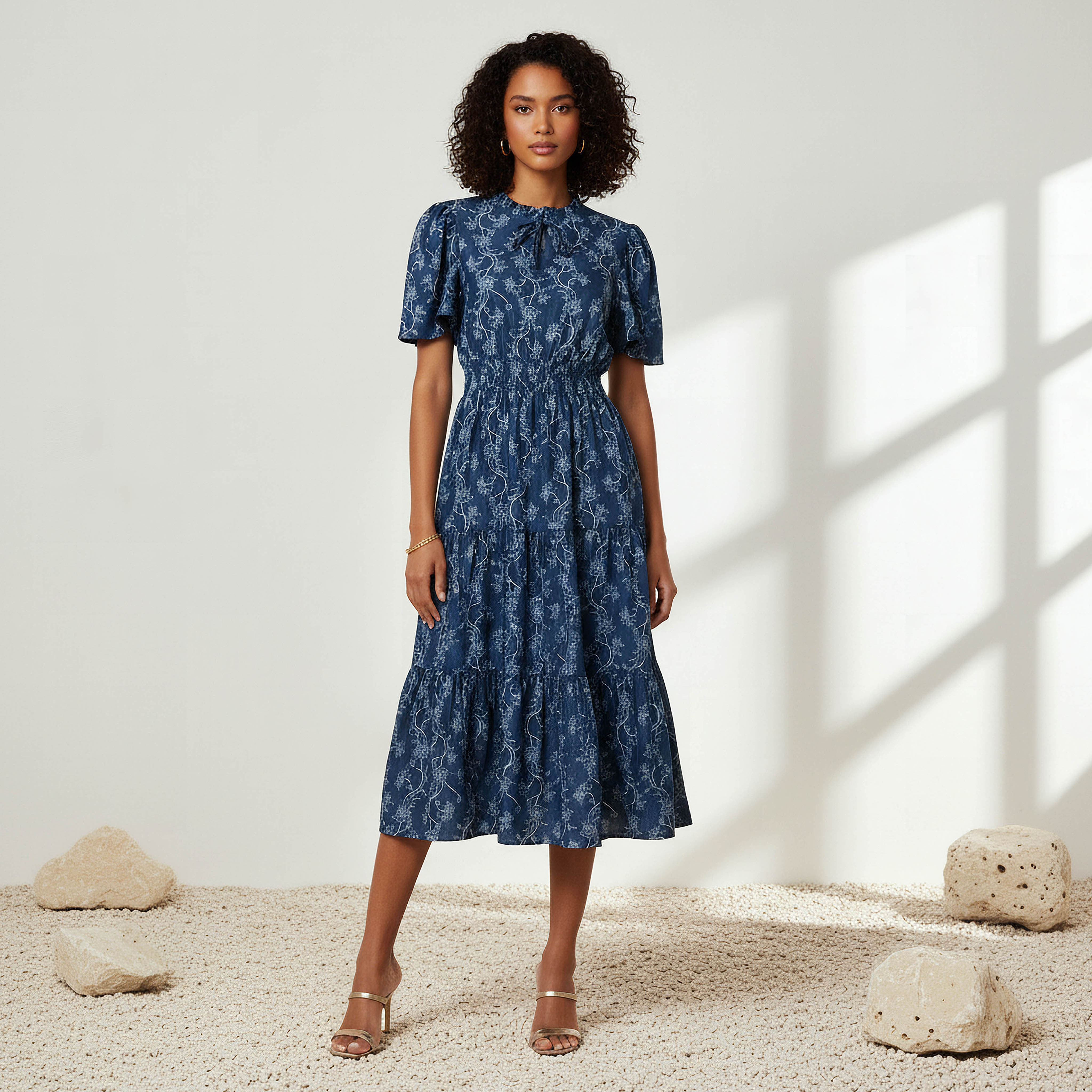 Tiered Midi Denim Dress with Flutter Sleeves-women-clothing-dresses-image-1