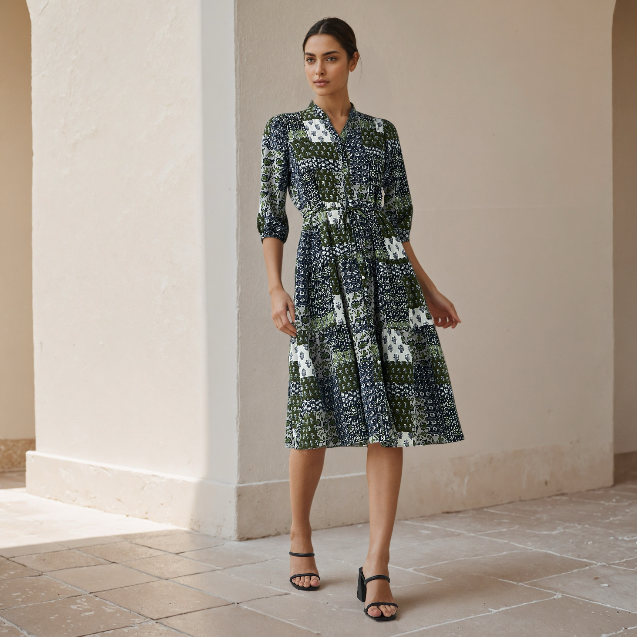 A-line Knee-Length Viscose Dress with Tie-Up Belt-women-clothing-dresses-image-2
