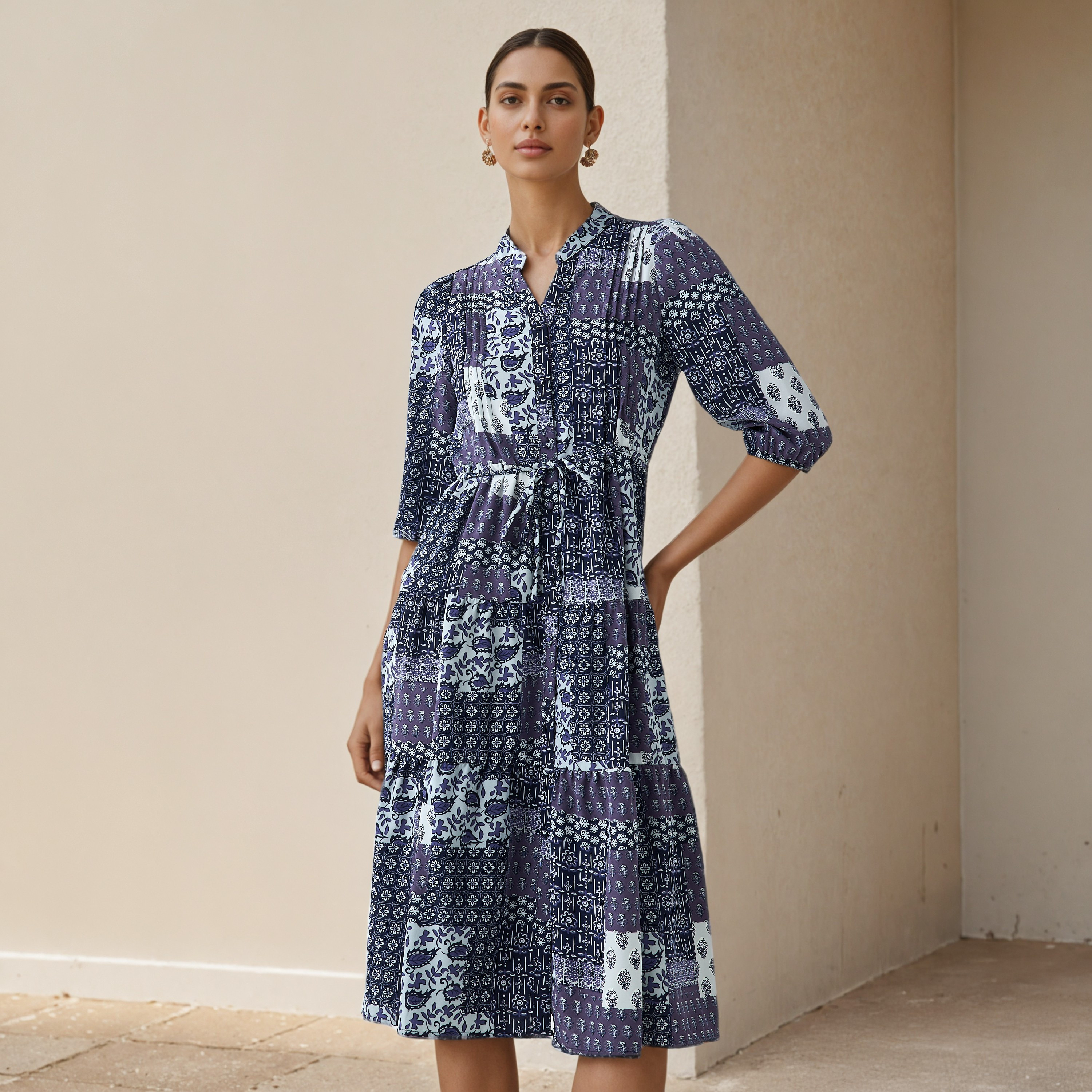 A-line Knee-Length Viscose Dress with Tie-Up Belt-women-clothing-dresses-image-1
