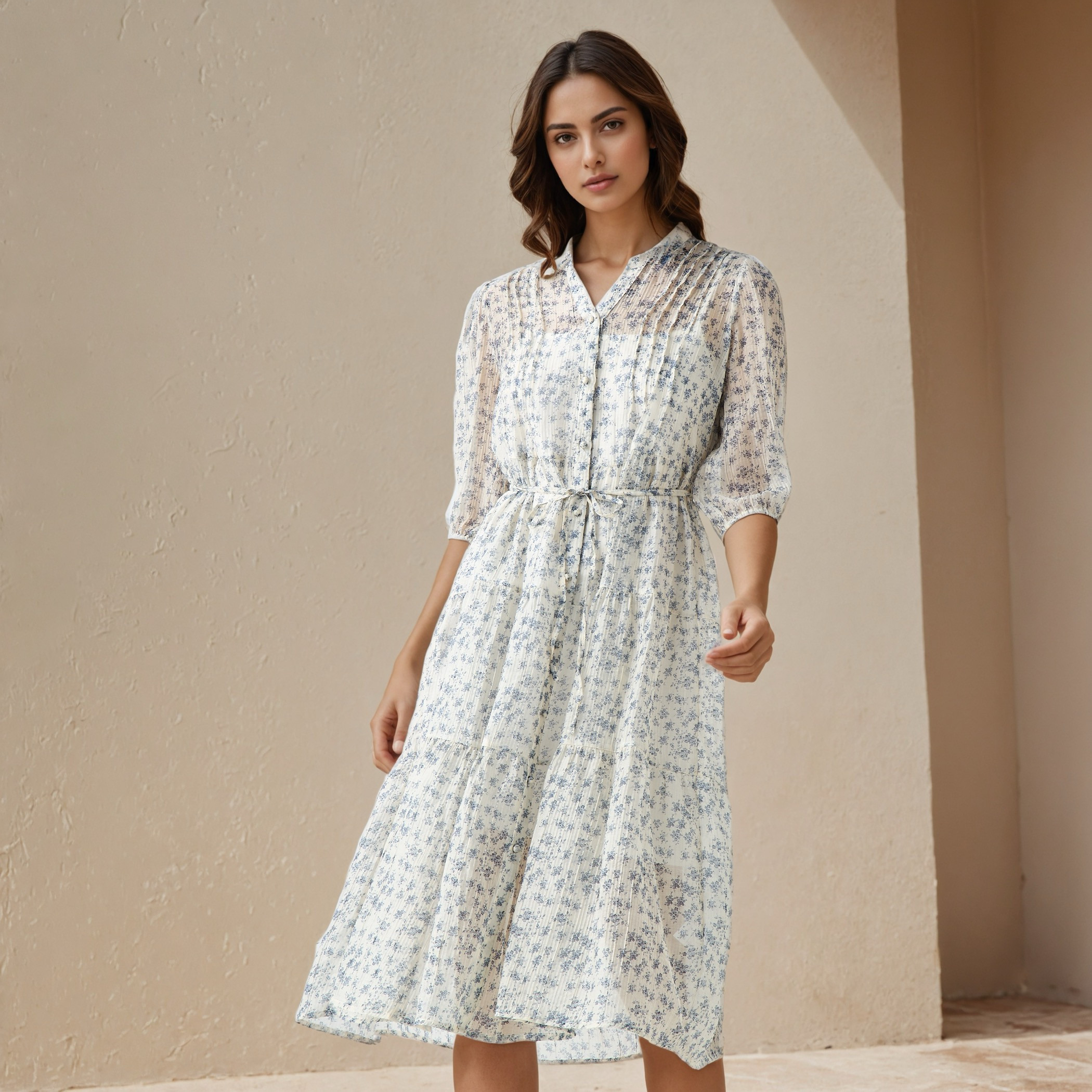 Floral Print Midi Women Dress with Pintuck Detail-women-clothing-dresses-image-1