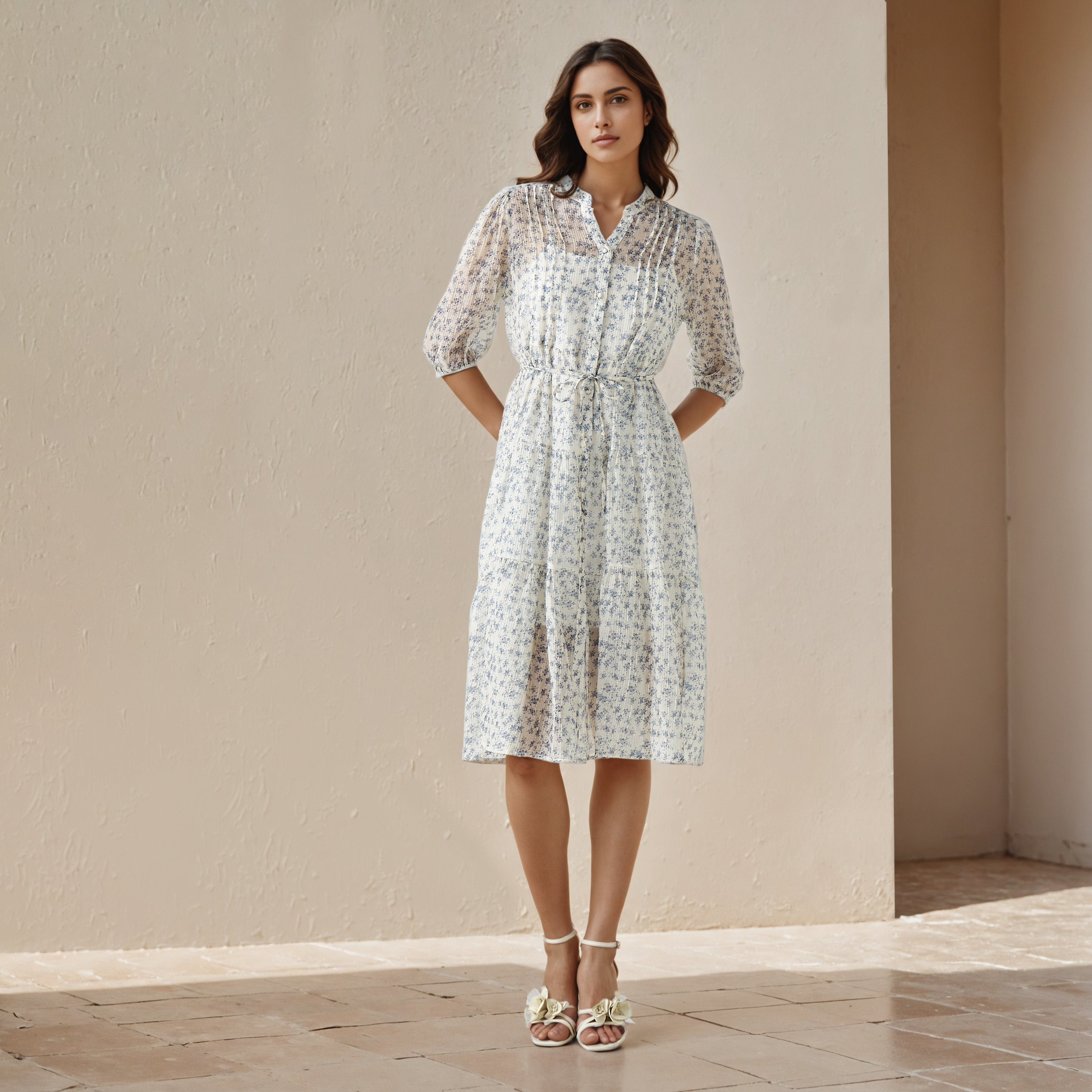 Floral Print Midi Women Dress with Pintuck Detail-women-clothing-dresses-image-2