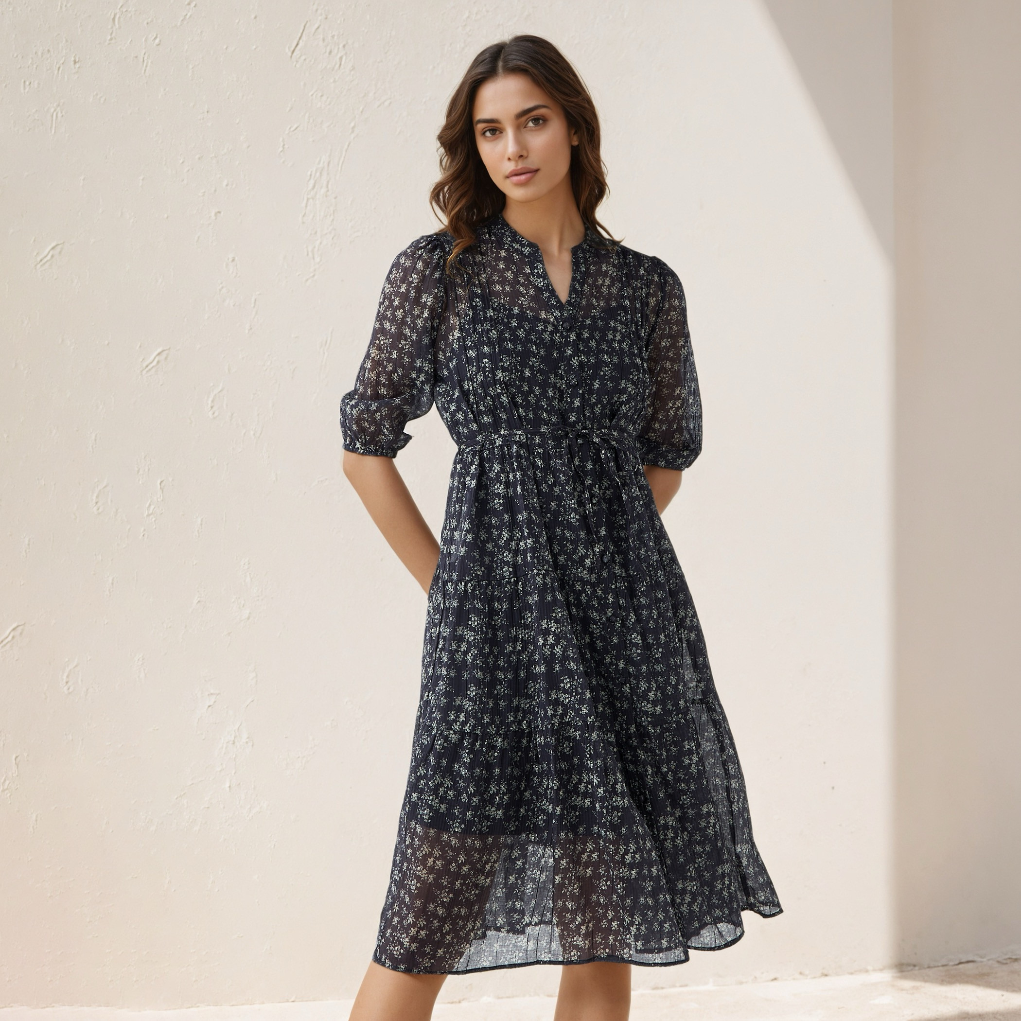 Floral Print Midi Women Dress with Pintuck Detail-women-clothing-dresses-image-1