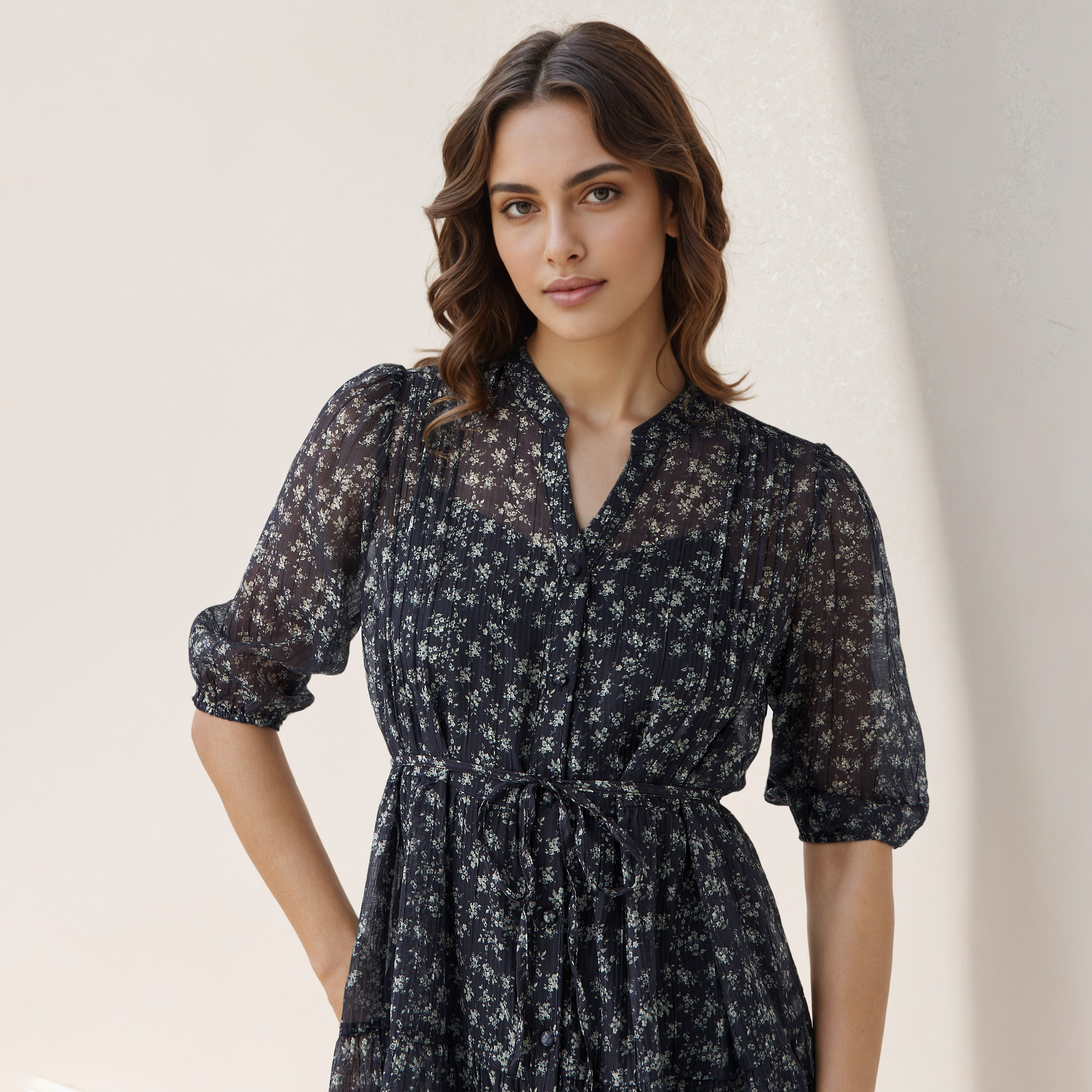 Floral Print Midi Women Dress with Pintuck Detail-women-clothing-dresses-image-4