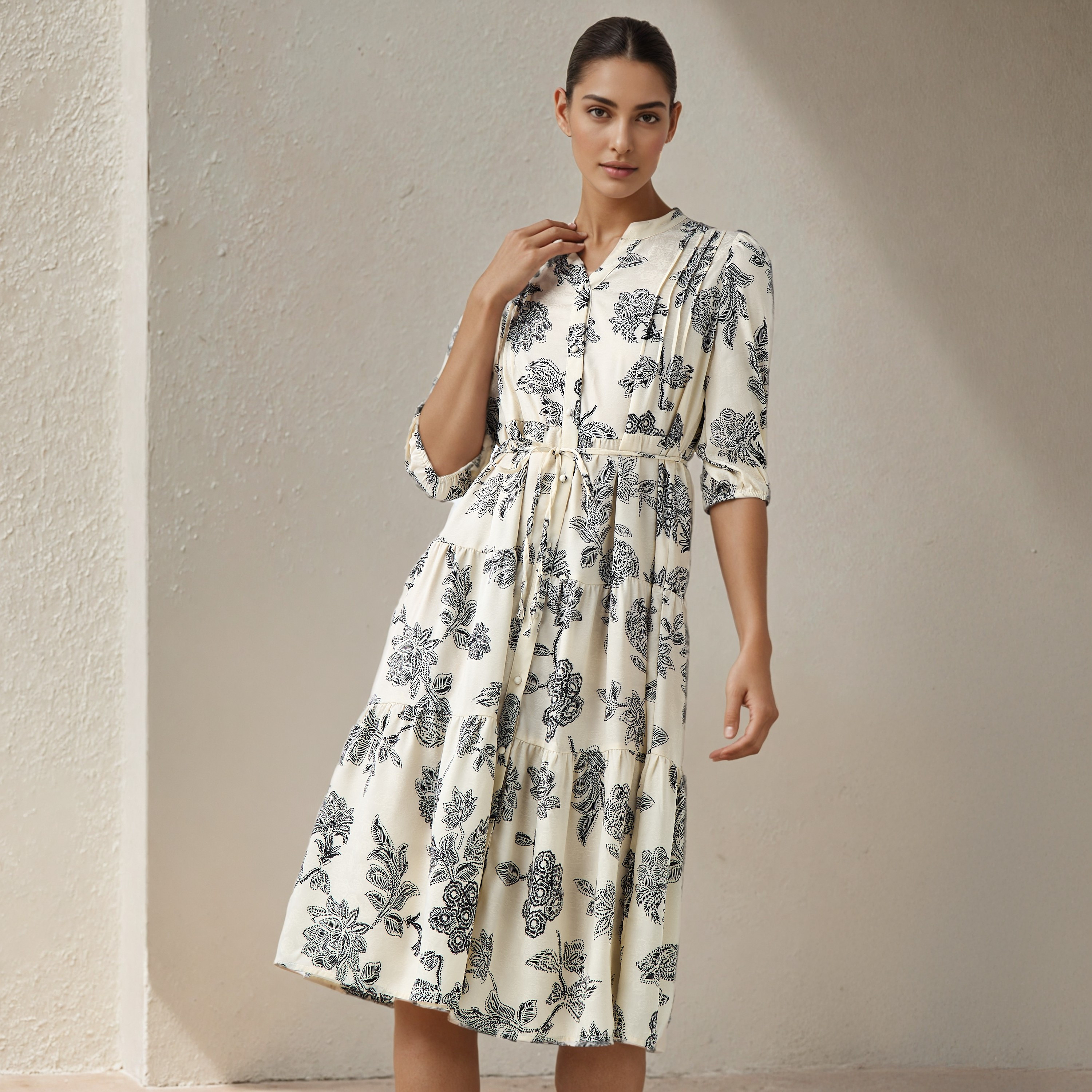 Floral Print Midi Women Dress with Pintuck Detail-women-clothing-dresses-image-1