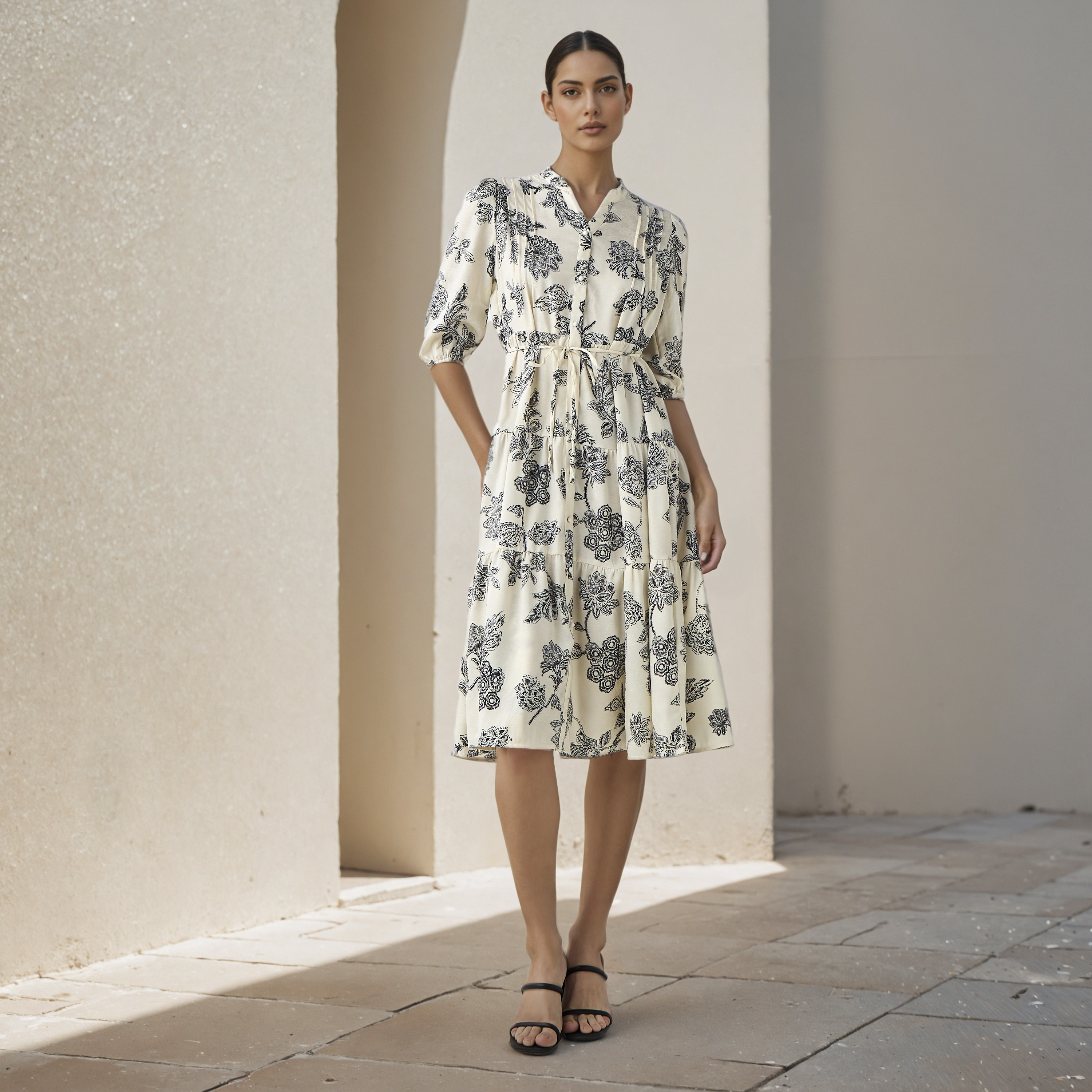 Floral Print Midi Women Dress with Pintuck Detail-women-clothing-dresses-image-2