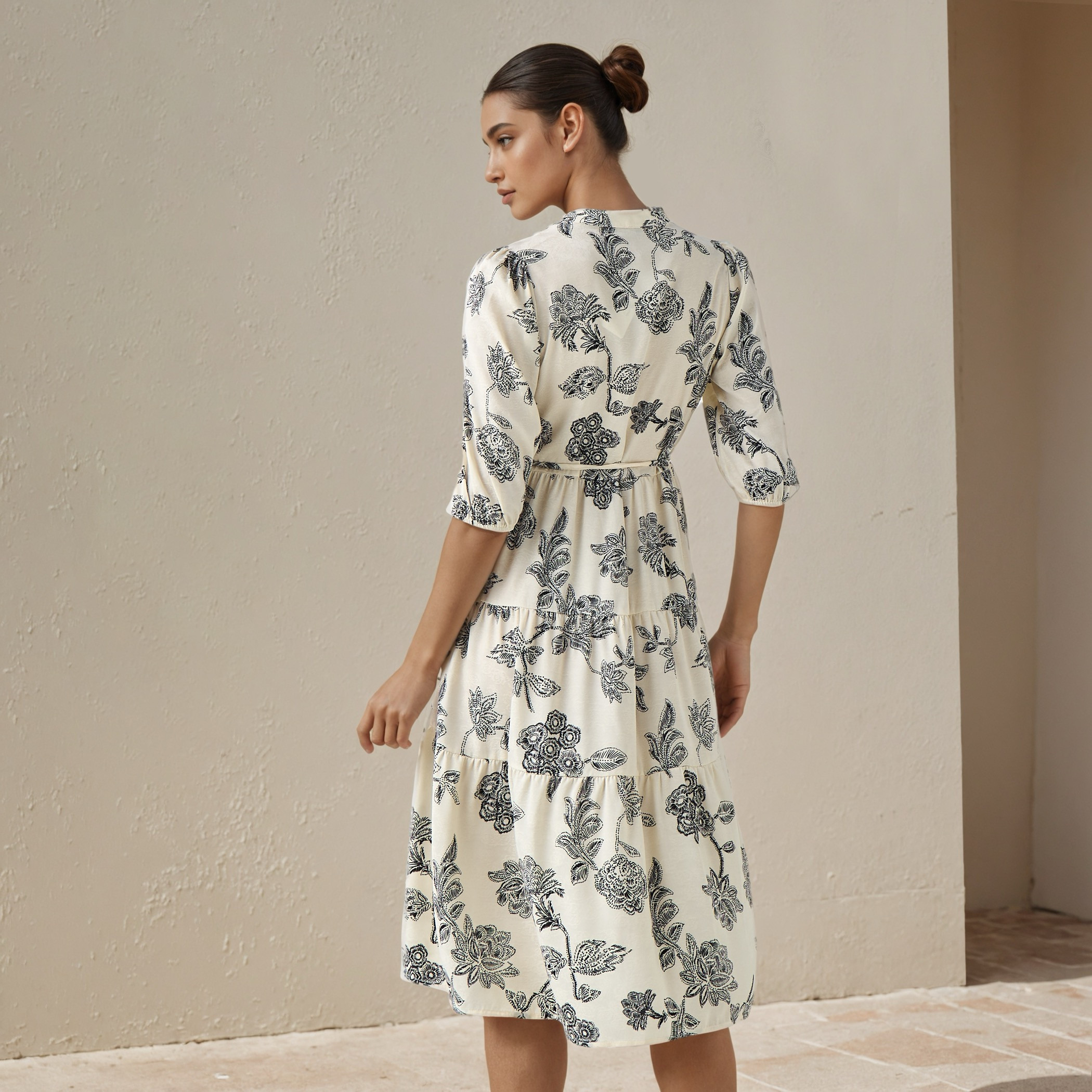 Floral Print Midi Women Dress with Pintuck Detail-women-clothing-dresses-image-3