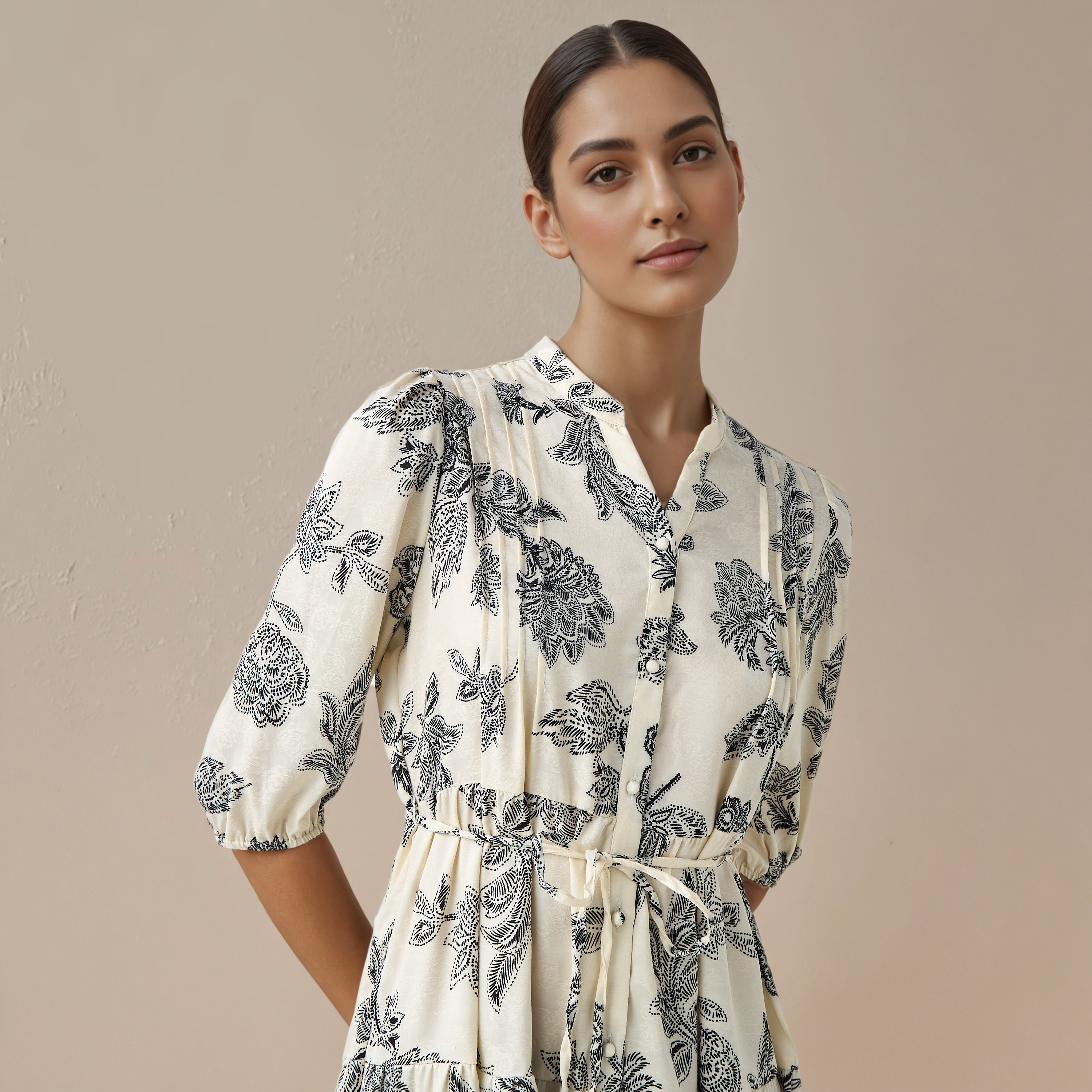 Floral Print Midi Women Dress with Pintuck Detail-women-clothing-dresses-image-4