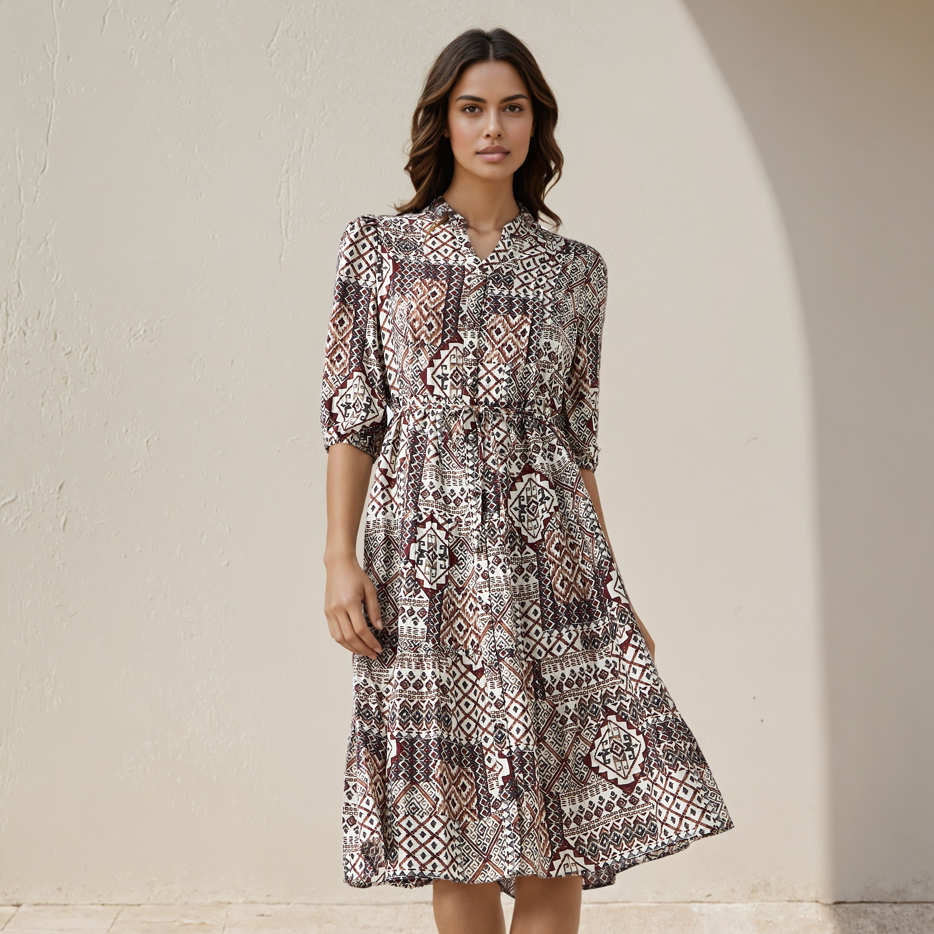 Printed Midi Women Dress with Pintuck Detail Viscose-women-clothing-dresses-image-1