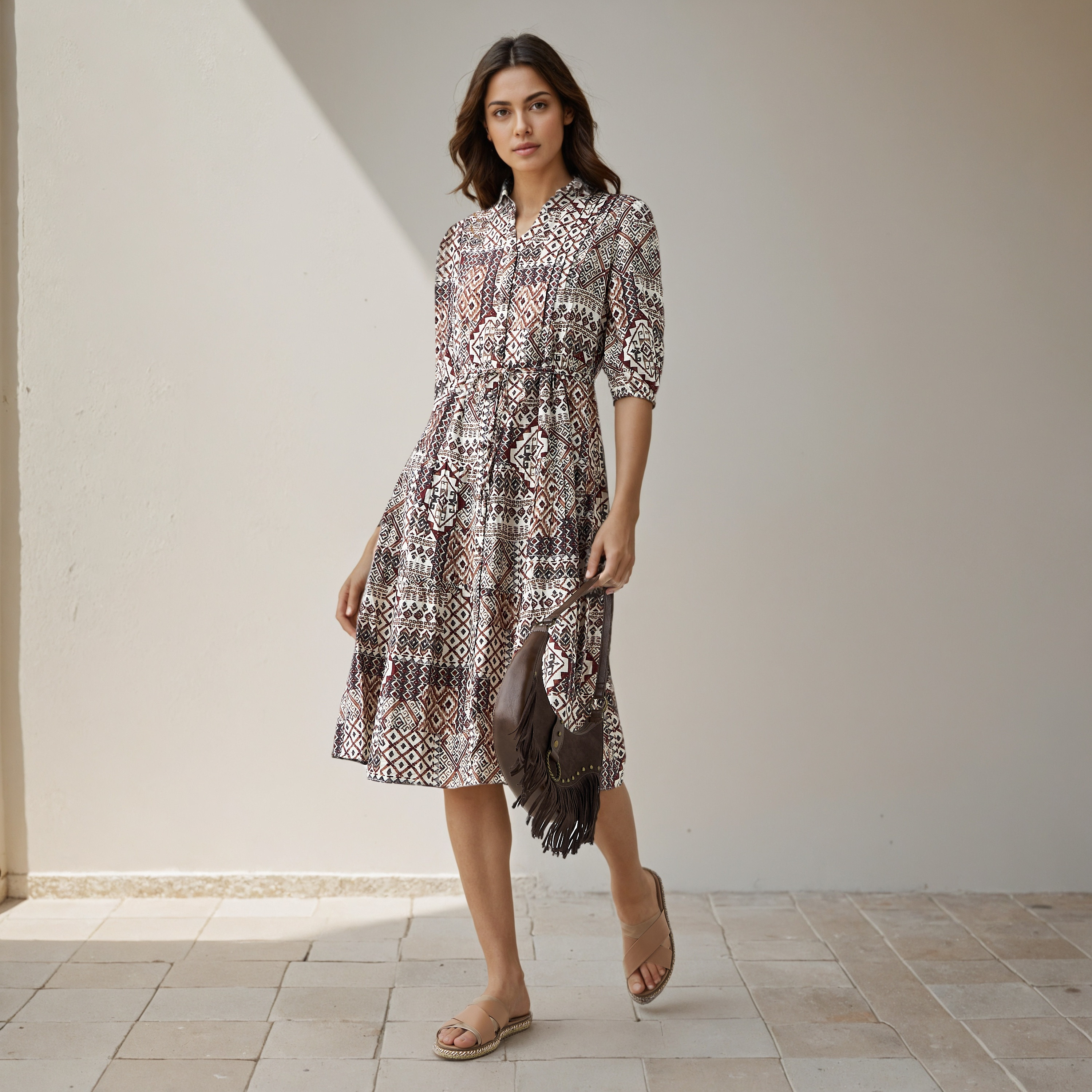 Printed Midi Women Dress with Pintuck Detail Viscose-women-clothing-dresses-image-2