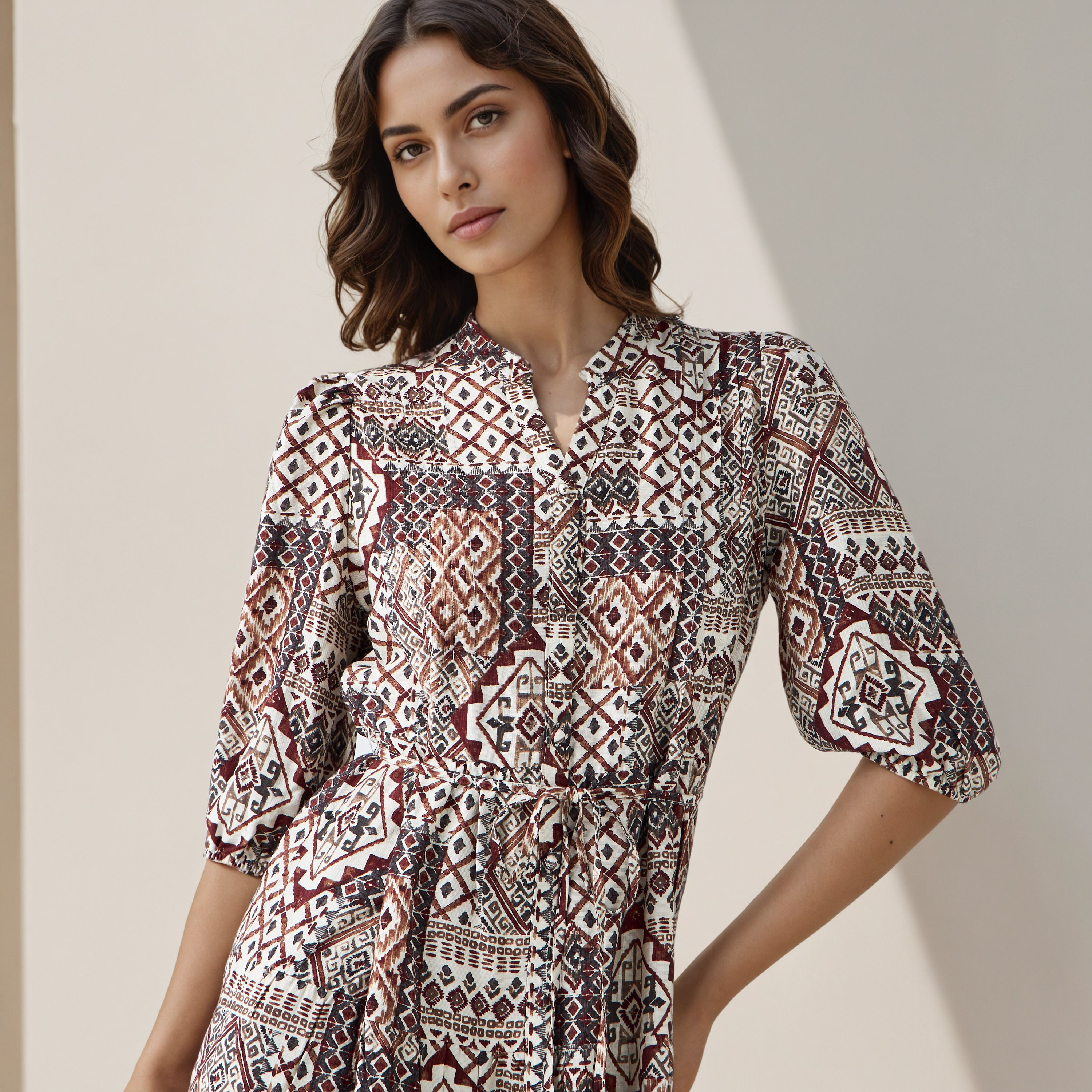 Printed Midi Women Dress with Pintuck Detail Viscose-women-clothing-dresses-image-4