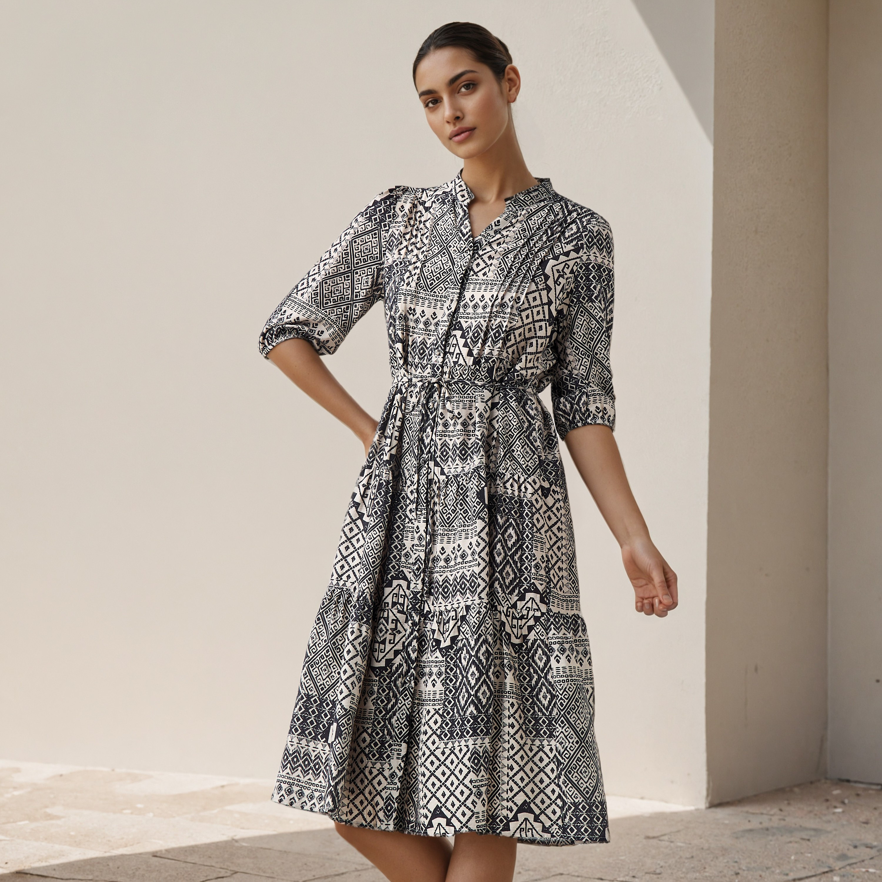 Printed Midi Women Dress with Pintuck Detail Viscose-women-clothing-dresses-image-1