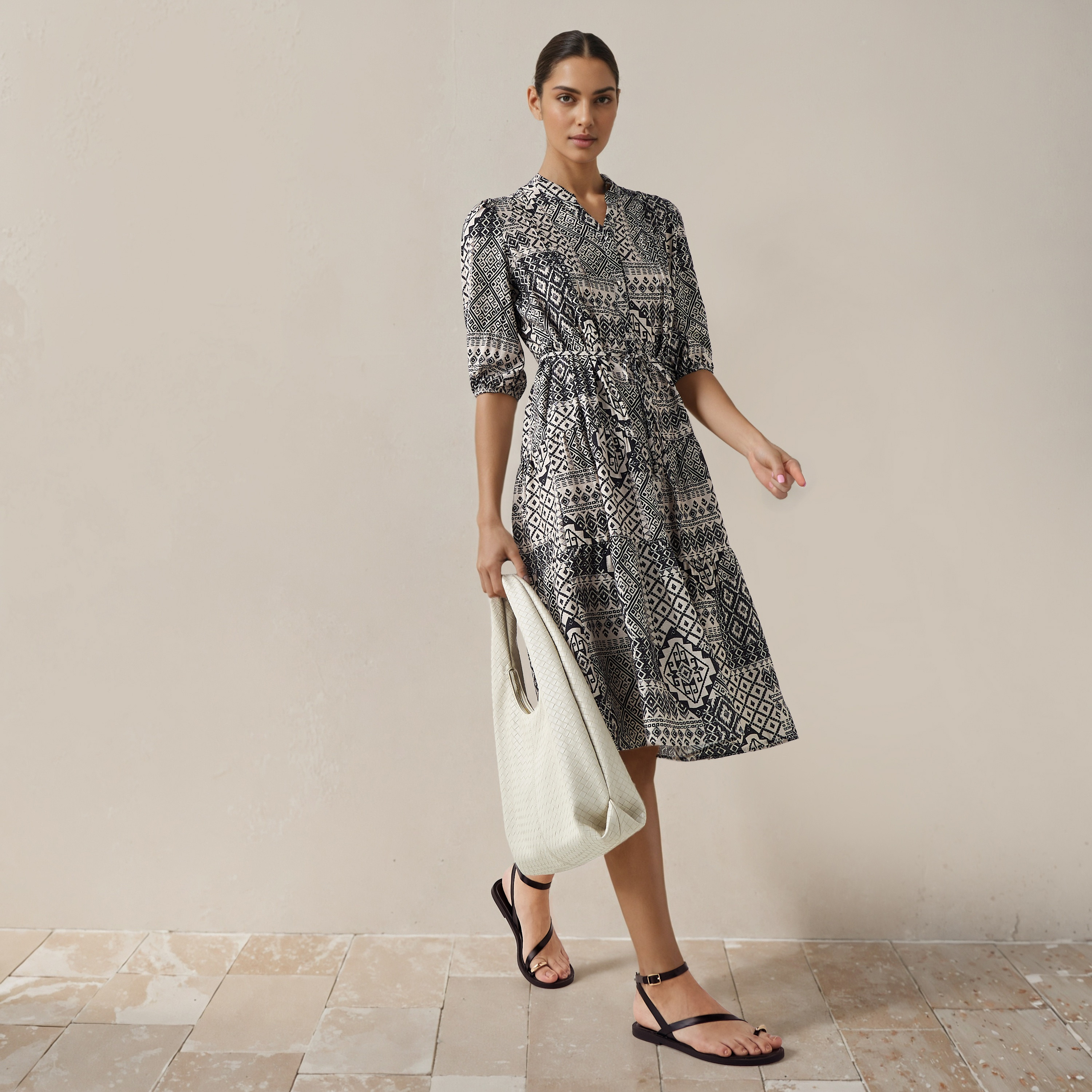 Printed Midi Women Dress with Pintuck Detail Viscose-women-clothing-dresses-image-2