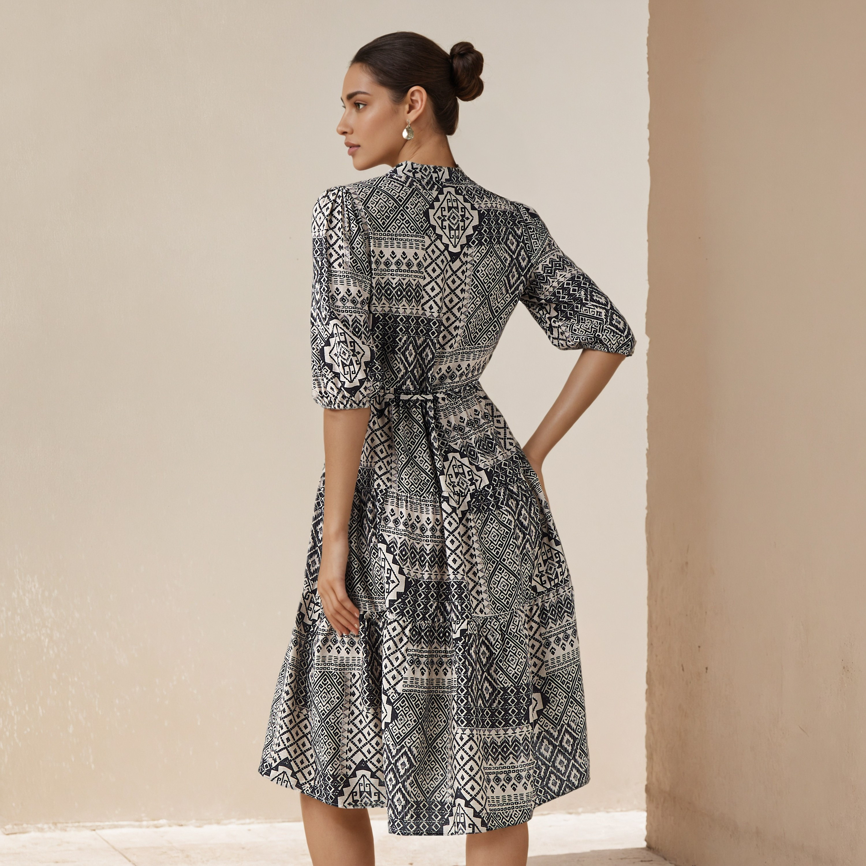Printed Midi Women Dress with Pintuck Detail Viscose-women-clothing-dresses-image-3