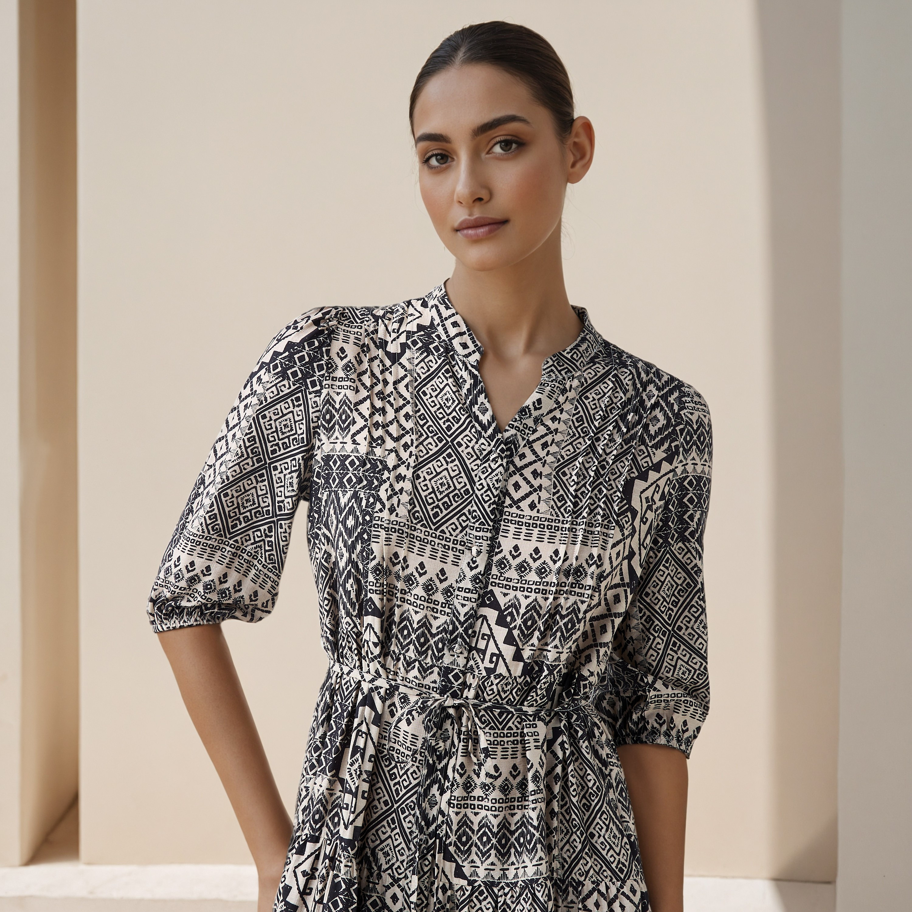 Printed Midi Women Dress with Pintuck Detail Viscose-women-clothing-dresses-image-4