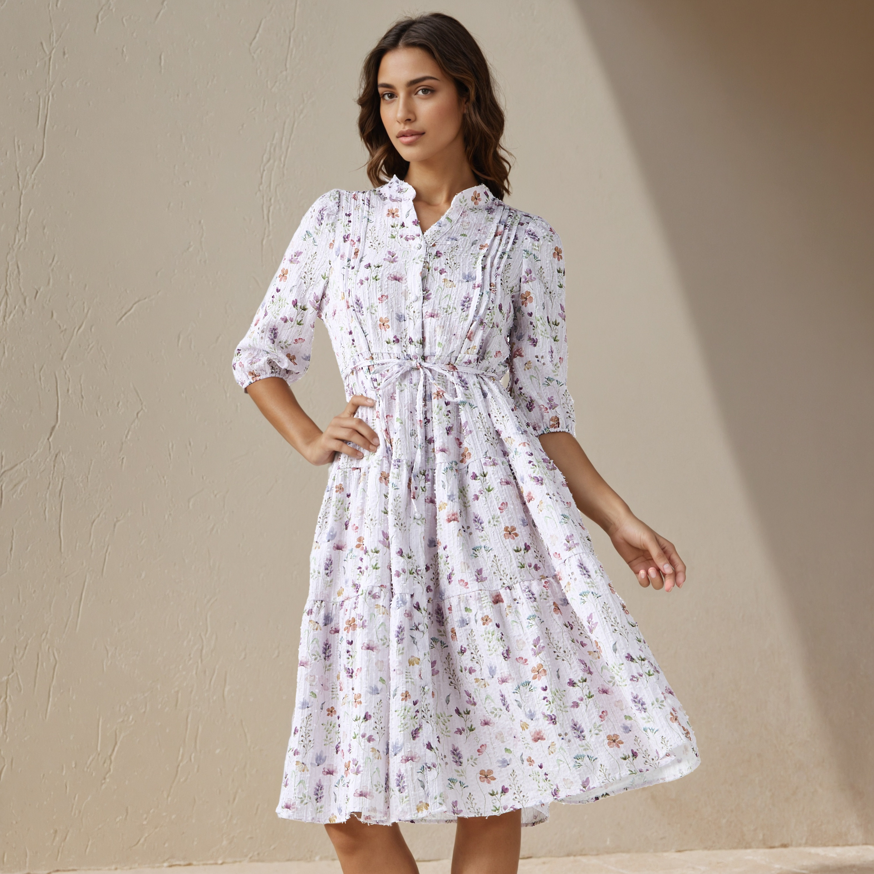 Floral Print Midi Women Dress with Pintuck Detail-women-clothing-dresses-image-1