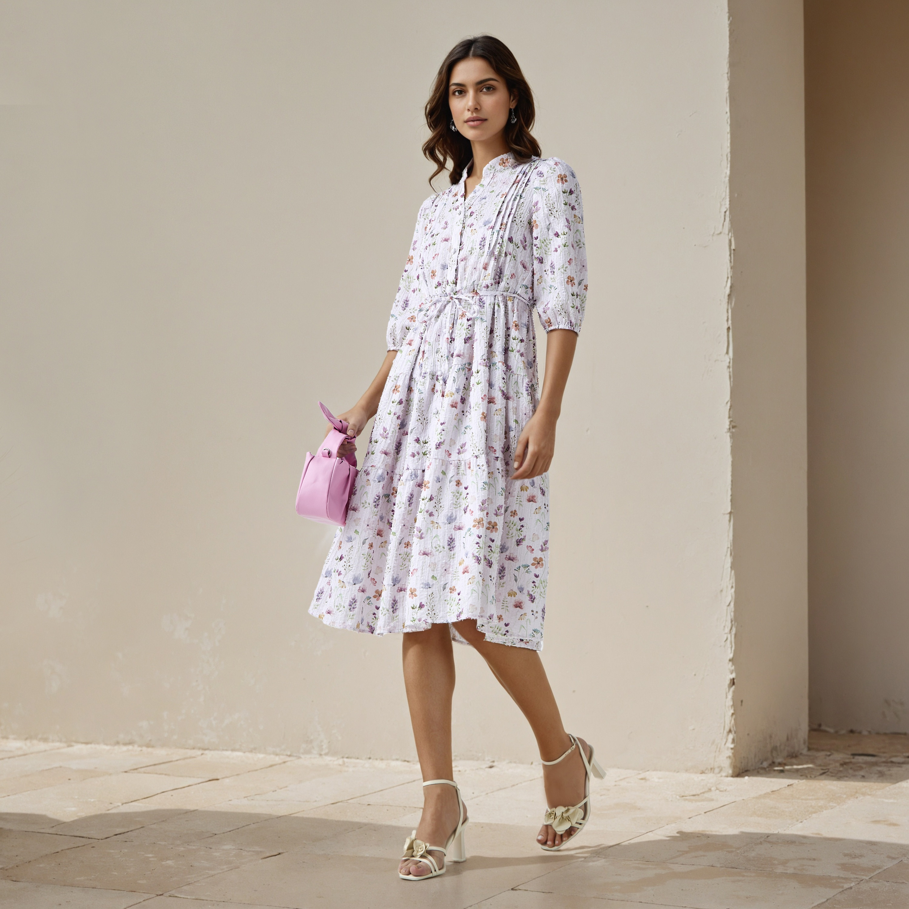 Floral Print Midi Women Dress with Pintuck Detail-women-clothing-dresses-image-2