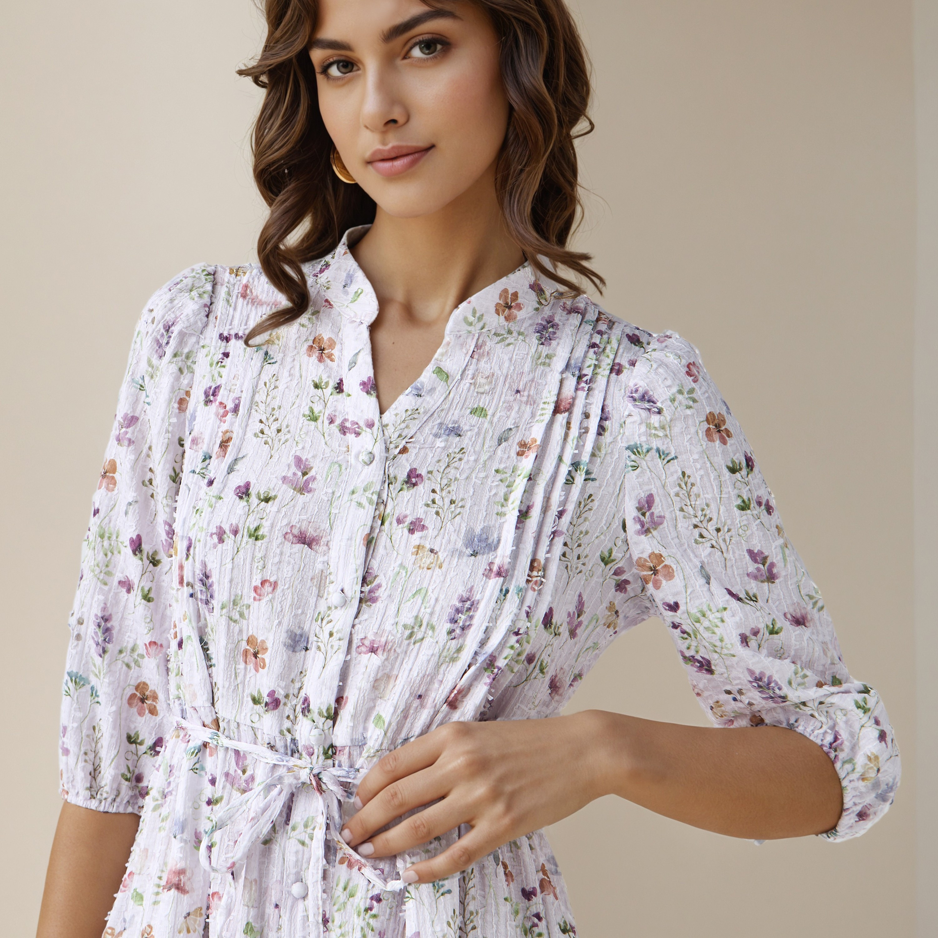 Floral Print Midi Women Dress with Pintuck Detail-women-clothing-dresses-image-4