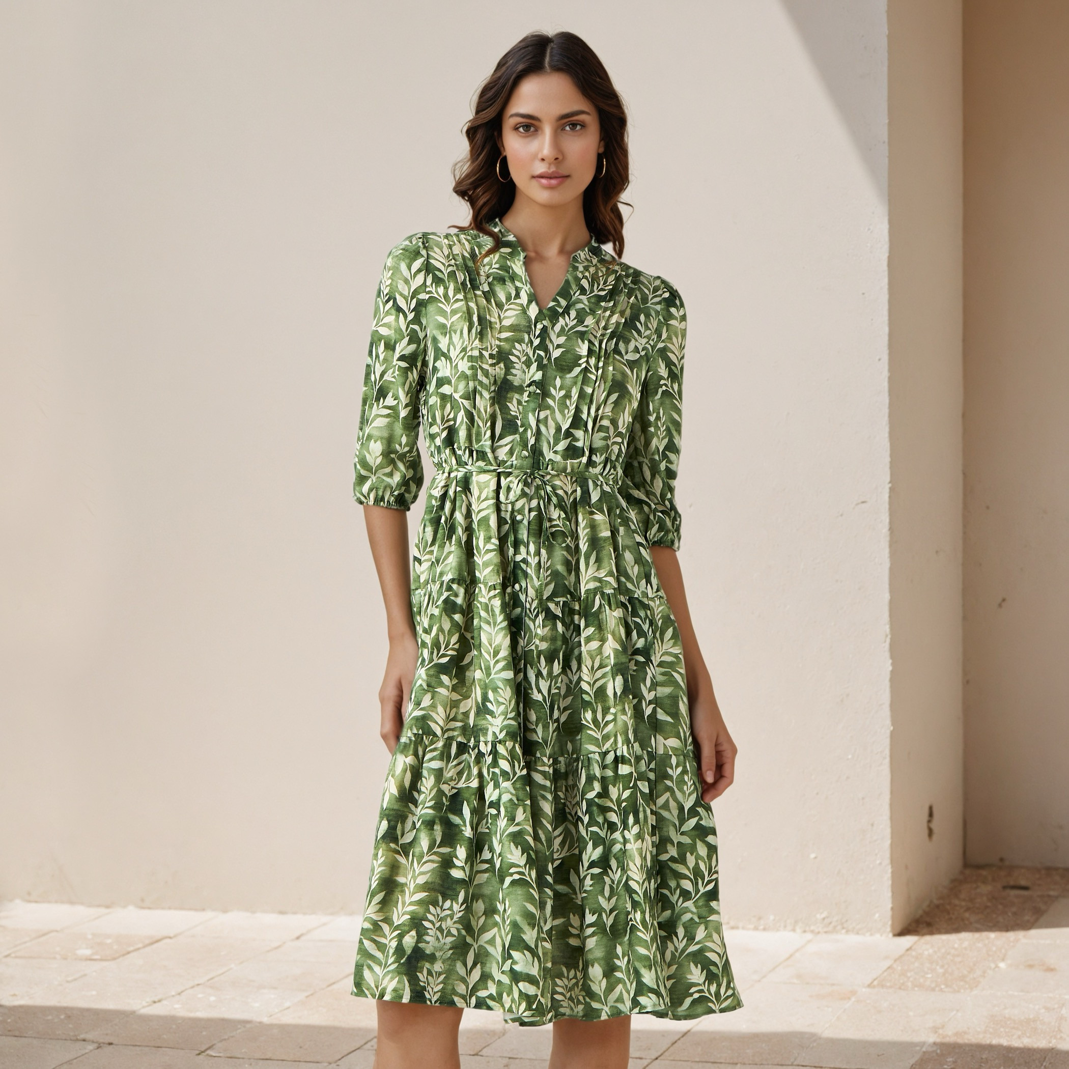 Printed Midi Women Dress with Pintuck Detail Viscose-women-clothing-dresses-image-1