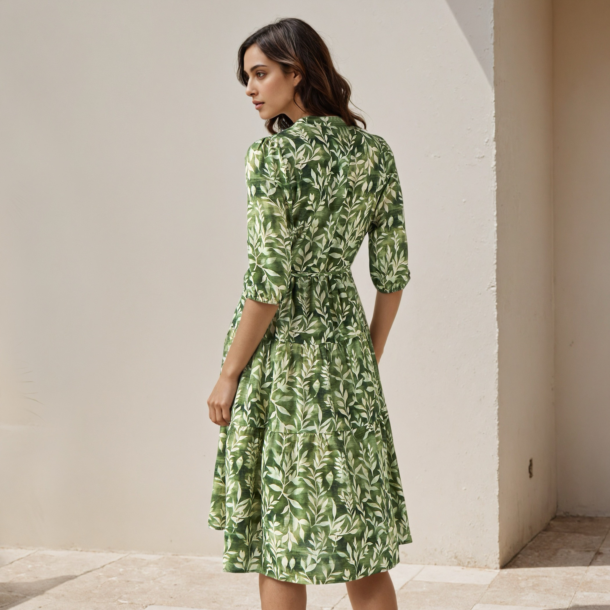Printed Midi Women Dress with Pintuck Detail Viscose-women-clothing-dresses-image-3