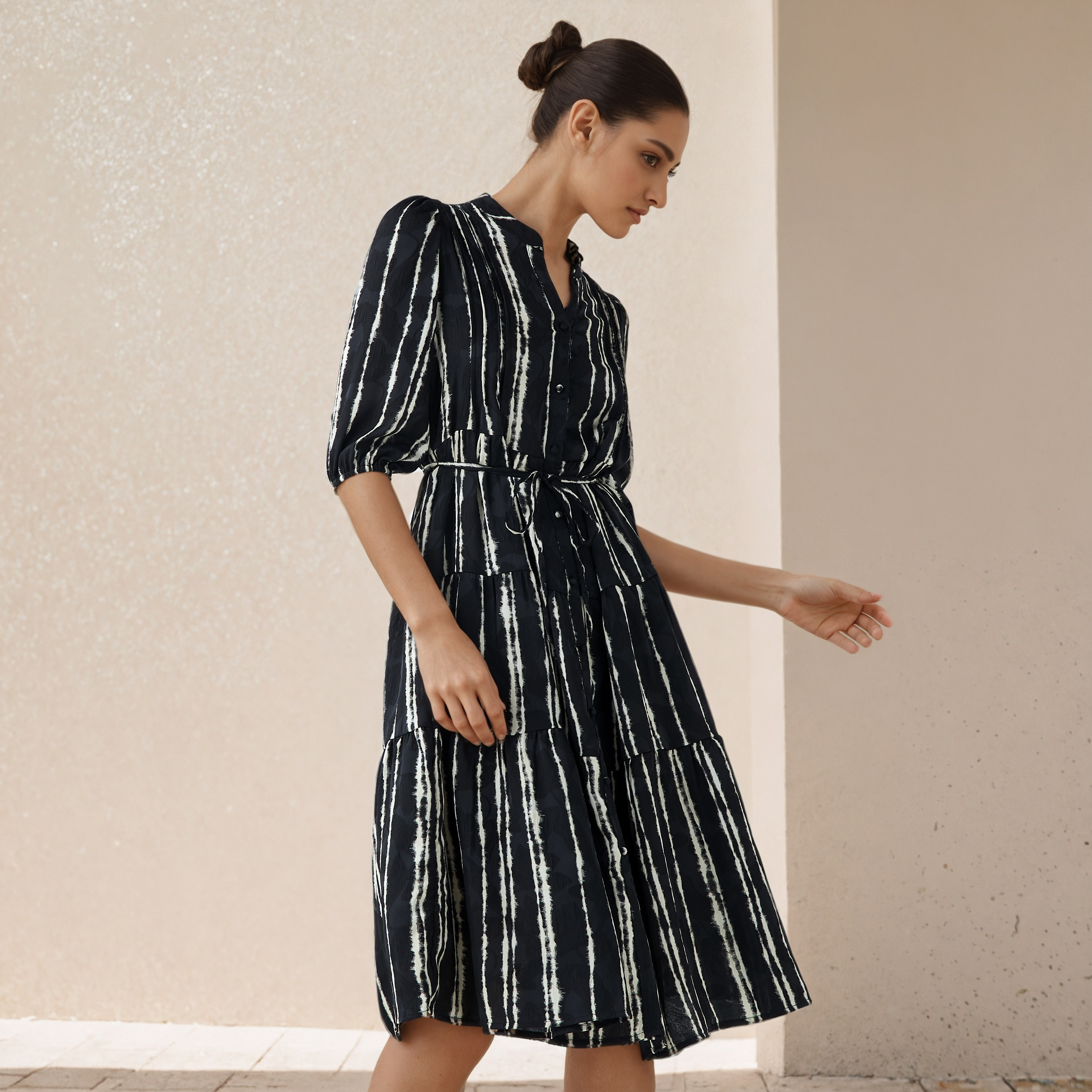 Printed Midi Women Dress with Pintuck Detail Viscose-women-clothing-dresses-image-1